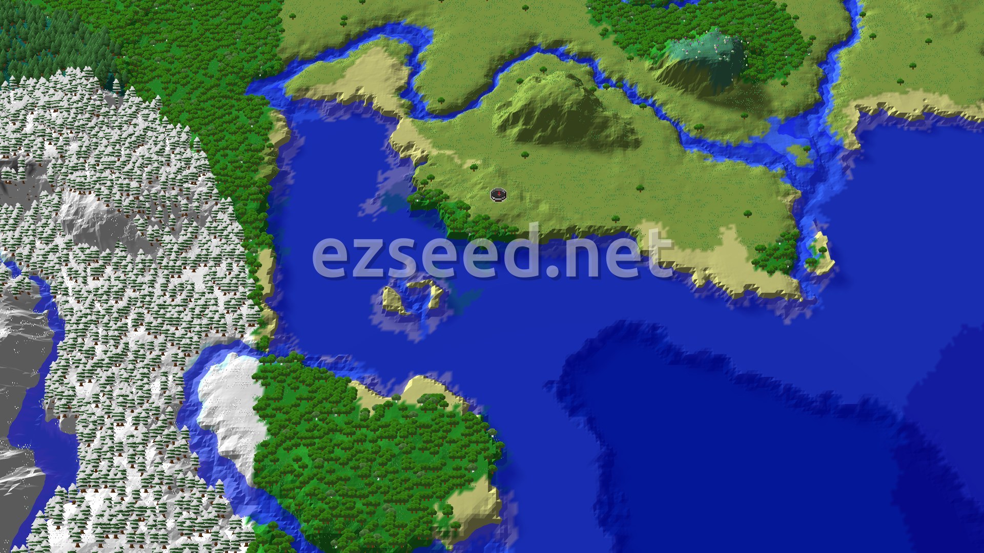 Aerial Minecraft seed map — Spawn Near a Small Island Chain and Cold Ocean