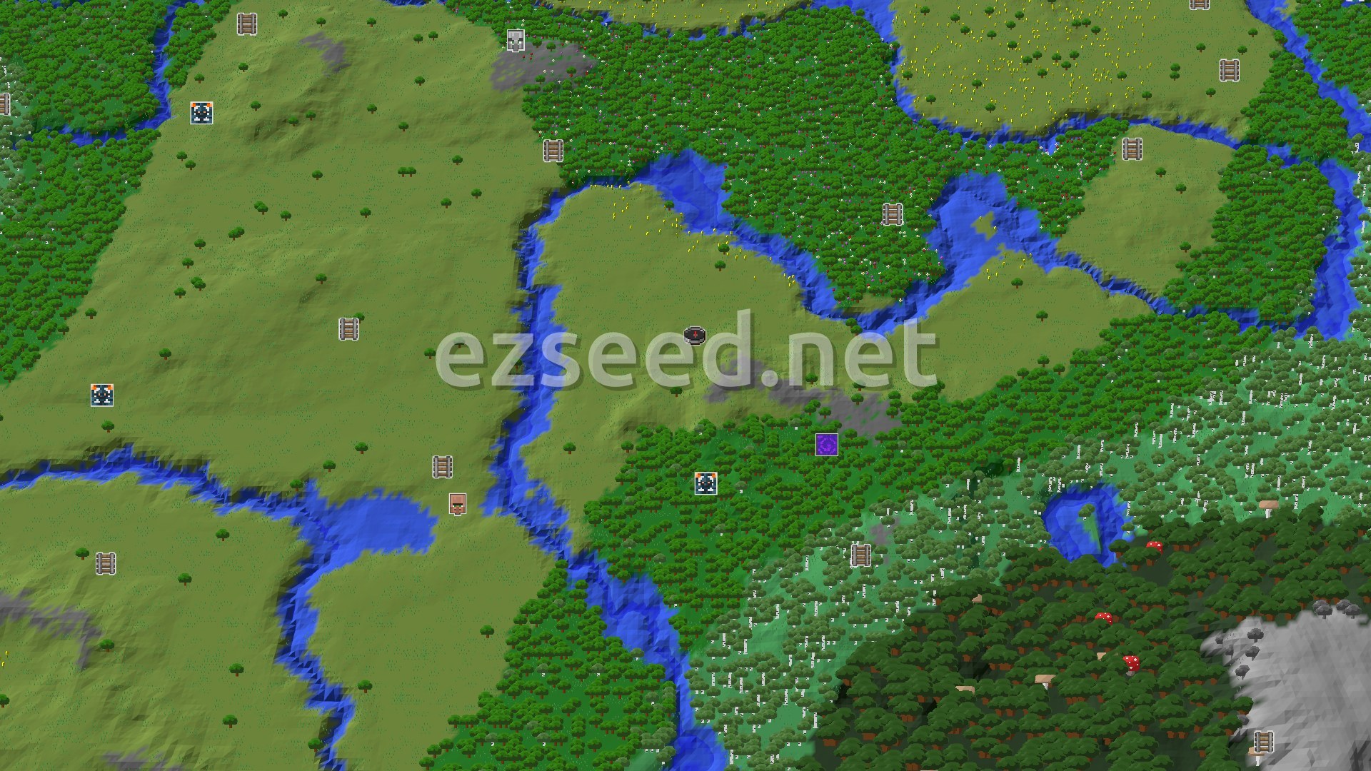 Aerial Minecraft seed map — A River Runs Through It: Plains and Forests with Nearby Trials