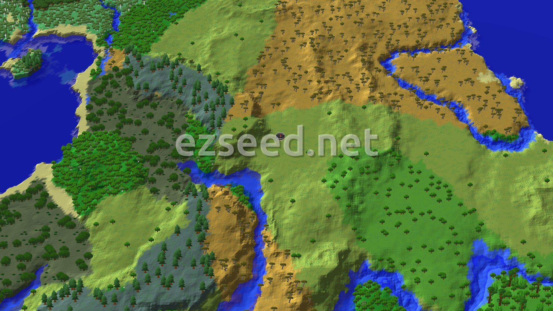 Aerial Minecraft seed map — Woodland Mansion and Trial Chambers Near Spawn