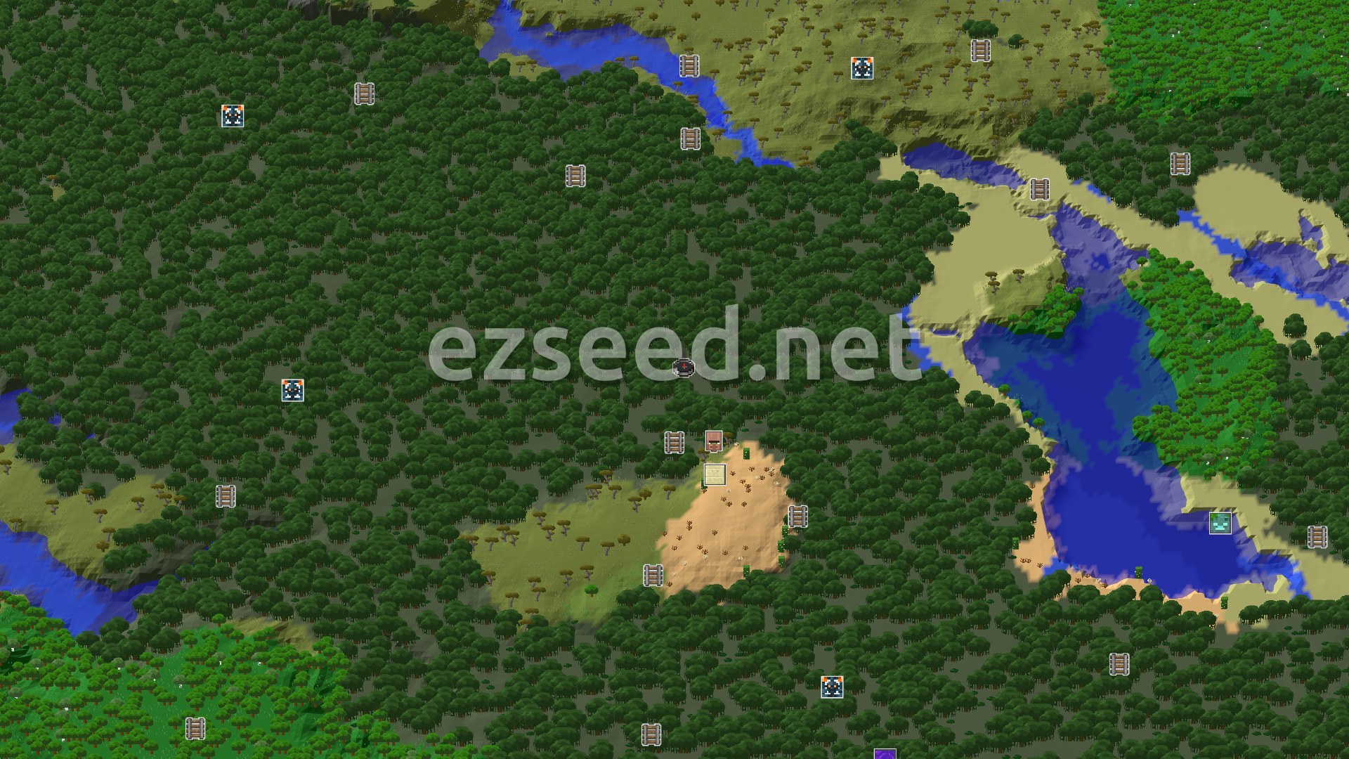 Aerial Minecraft seed map — A Mangrove Spawn with Immediate Village Access