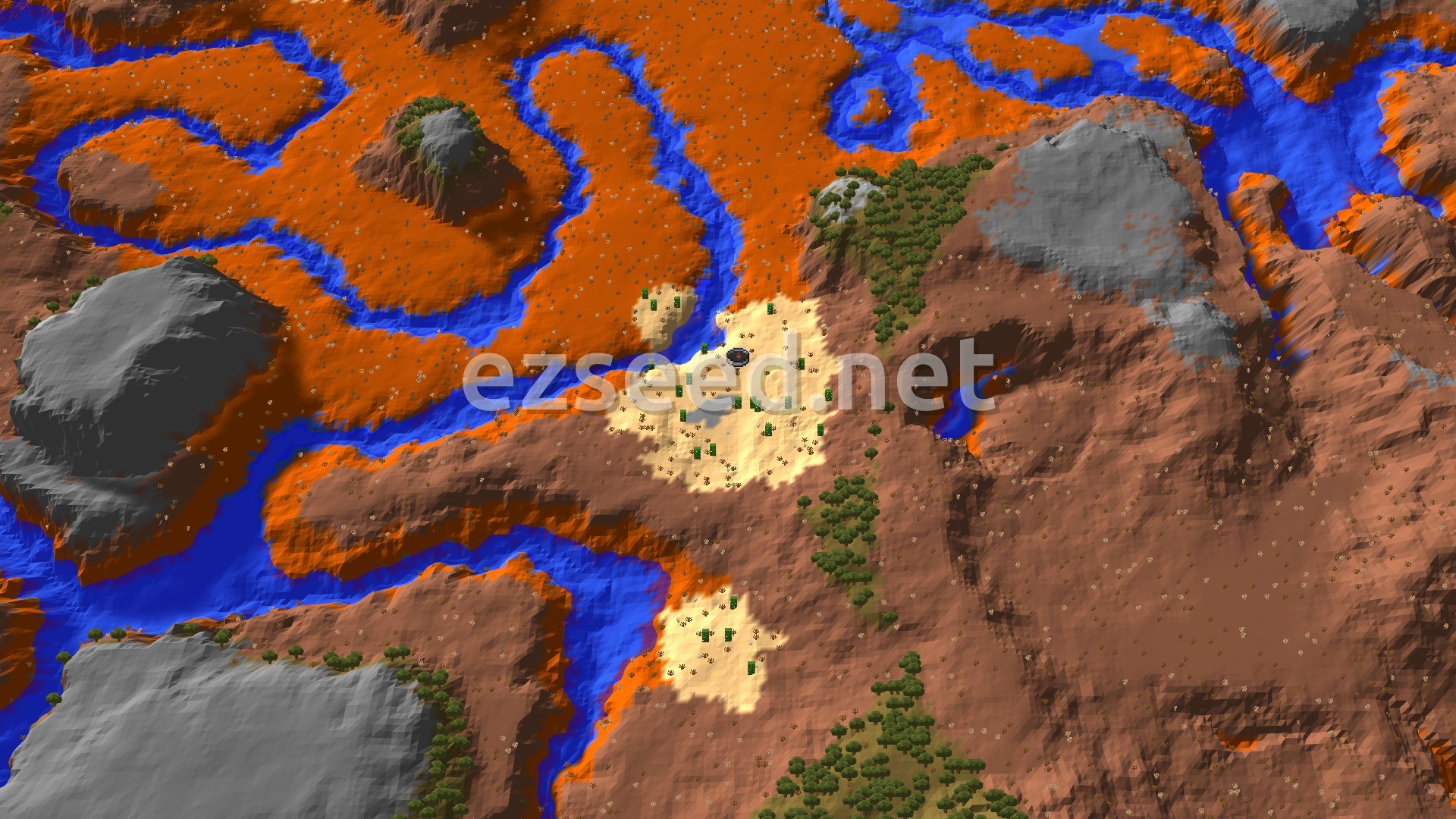 A bird's eye view of a desert spawn point surrounded by winding rivers and badlands terrain, with sparse trees.