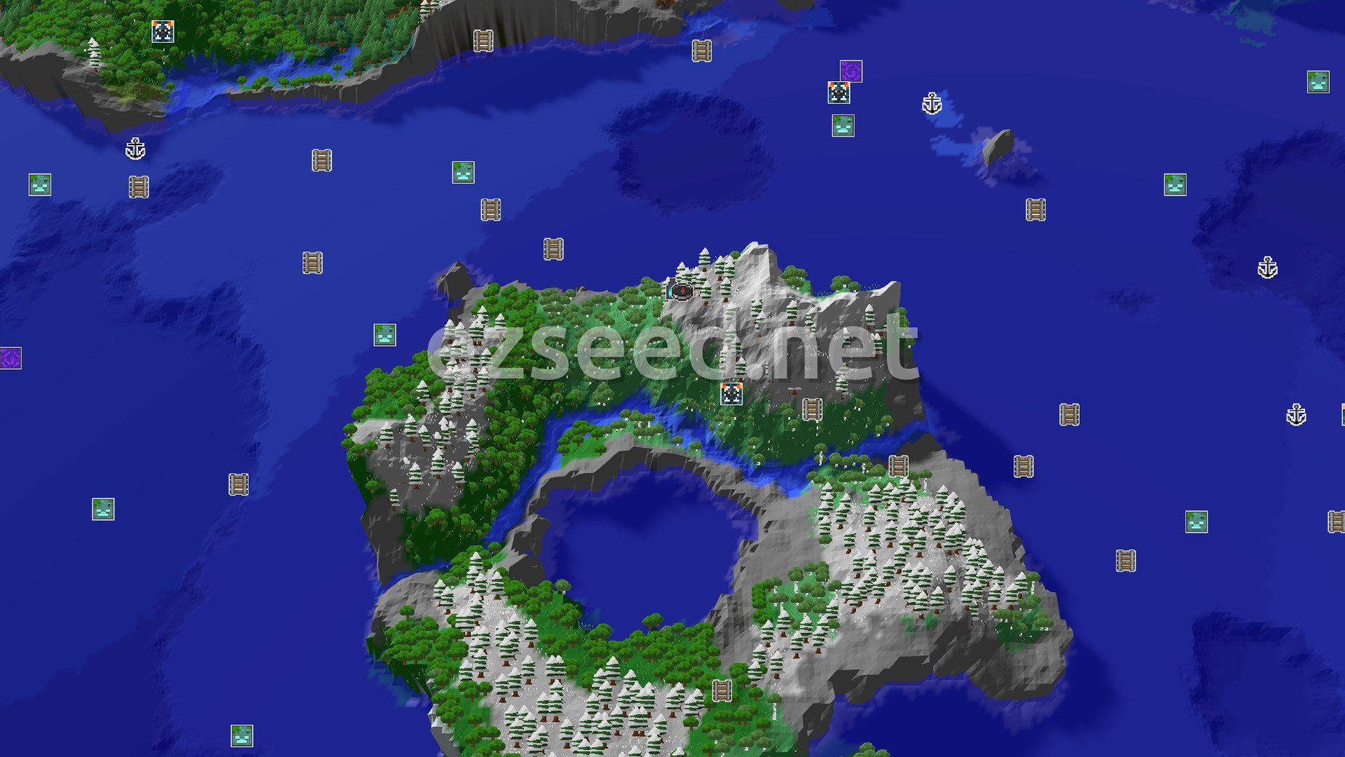 Aerial Minecraft seed map — Spawn in a Grove, Ancient City Nearby