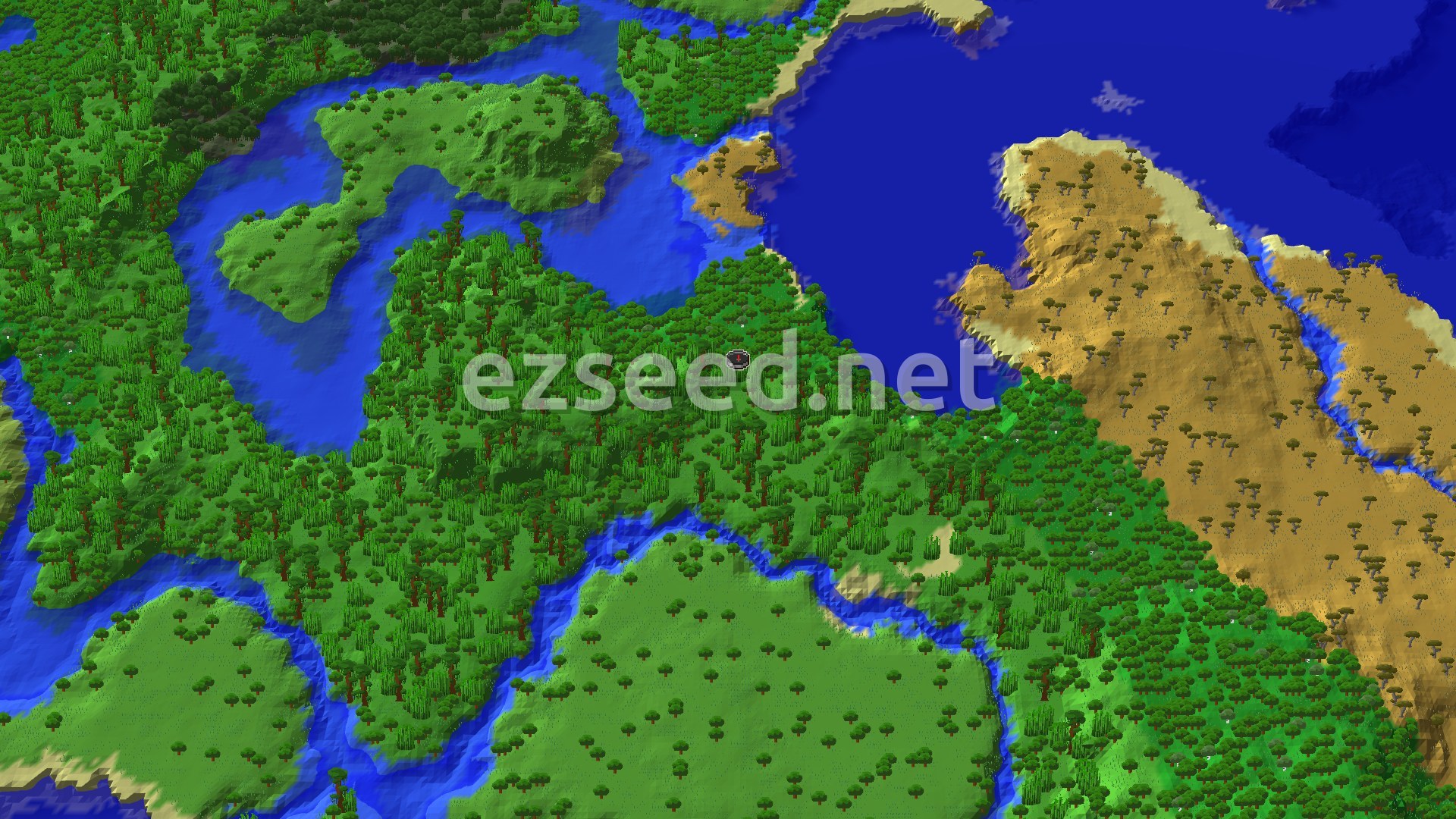 An overhead 3D view of a varied Minecraft landscape, showing dense jungle, meandering rivers, a large ocean body, and distant savanna hills, with a small spawn marker in the jungle.