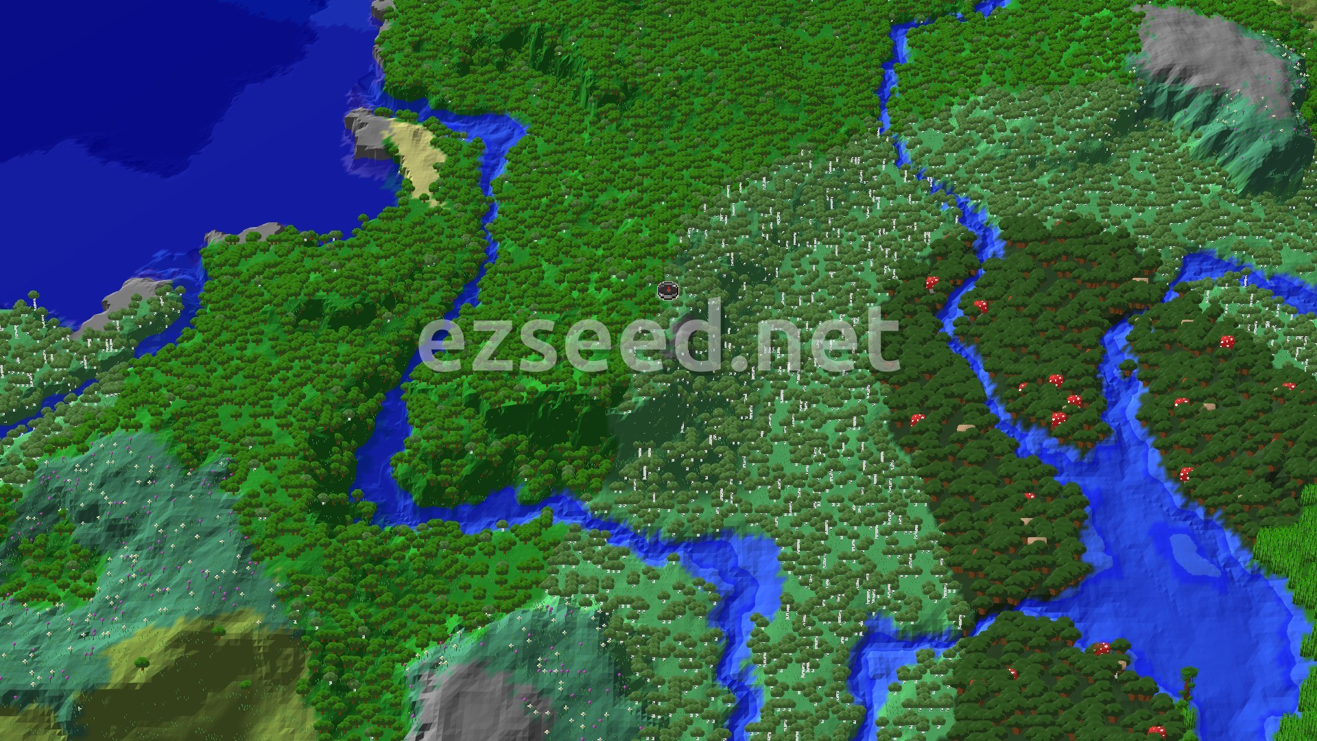 Aerial Minecraft seed map — Spawn in Birch Forest with a nearby Jungle Temple