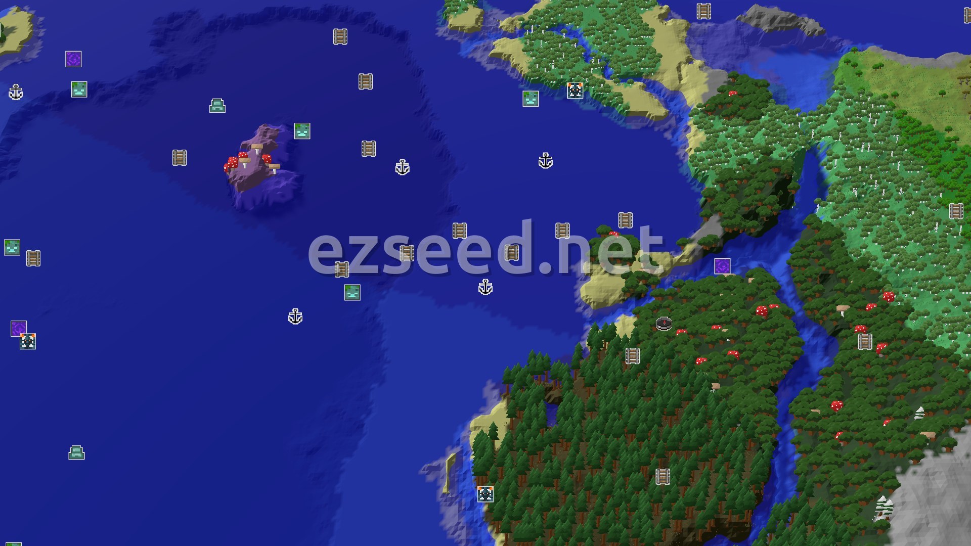 Aerial Minecraft seed map — Mushroom Fields and Dark Forests by a Cold Ocean