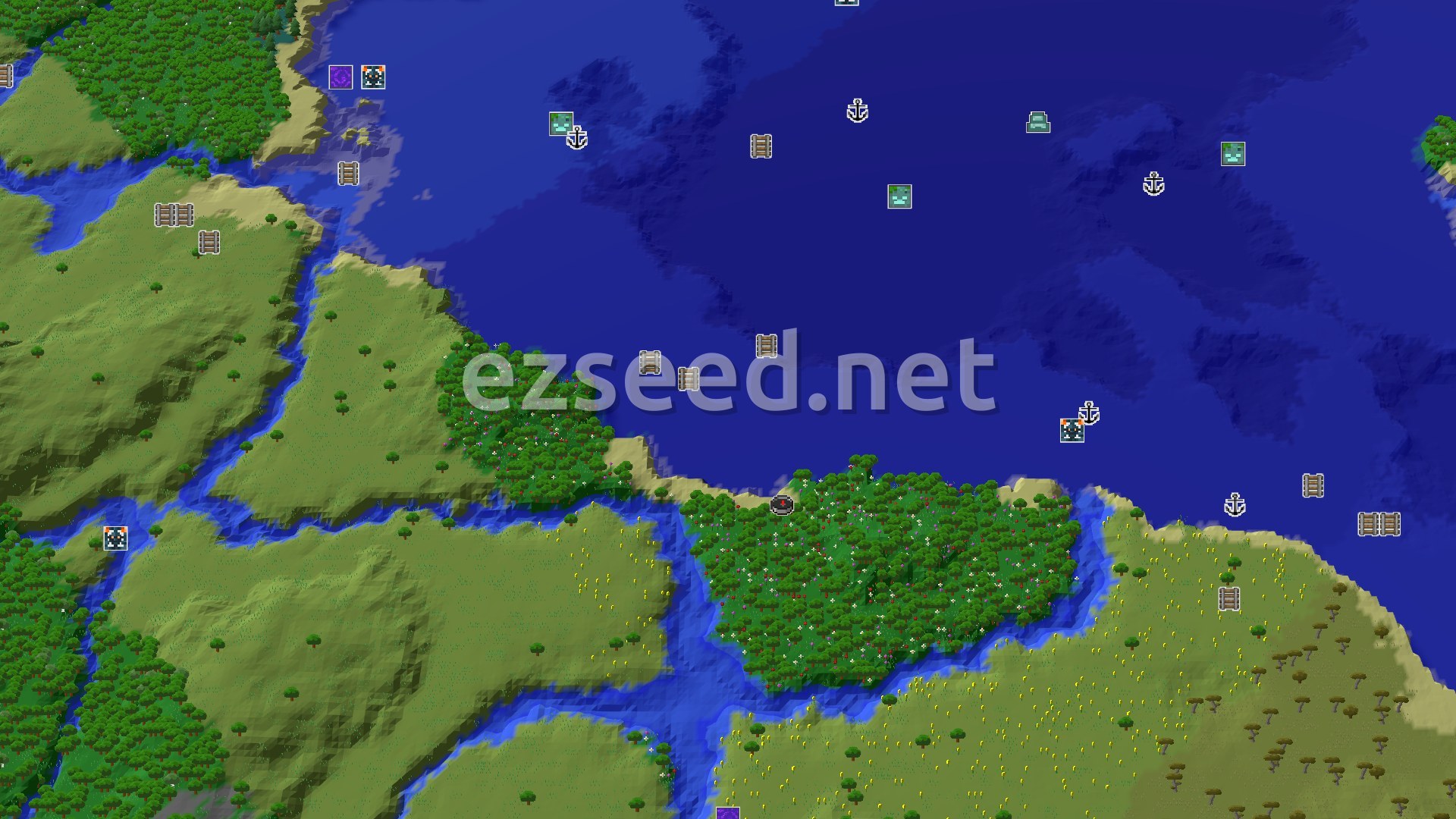 Aerial Minecraft seed map — Ocean Exploration from a Lush Flower Forest Spawn