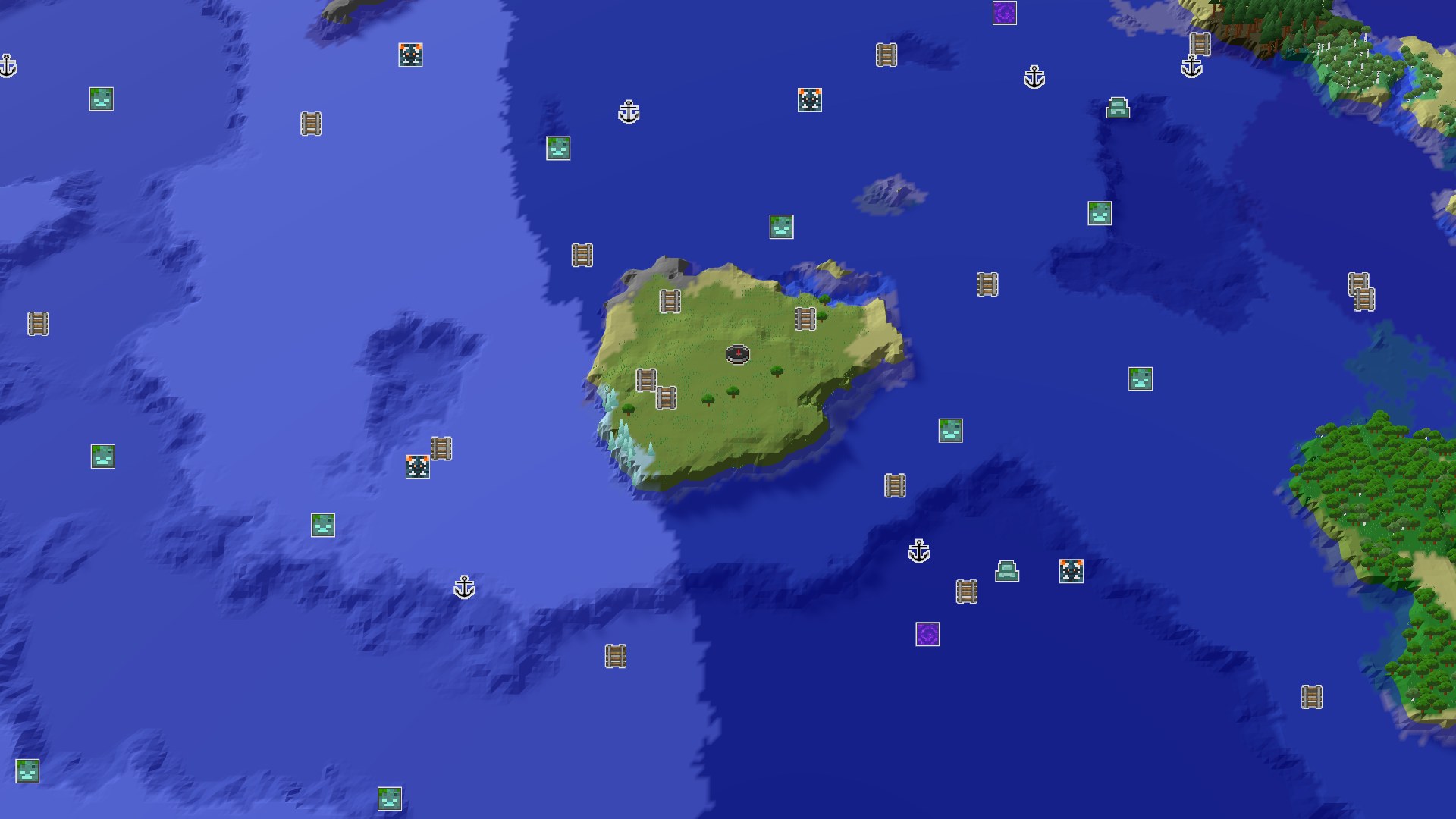 A small, flat island of green plains with scattered trees, surrounded by vast blue ocean, with a dark circular spawn marker at the center.