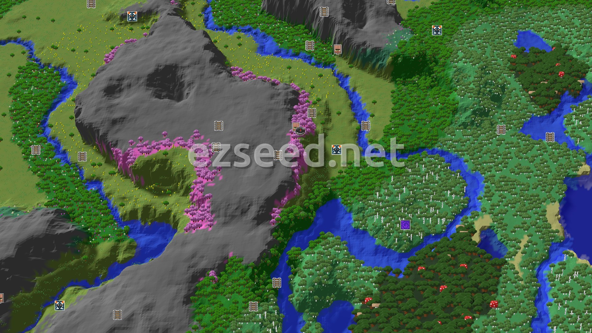 Aerial Minecraft seed map — A Village and Cherry Grove Start in Plains