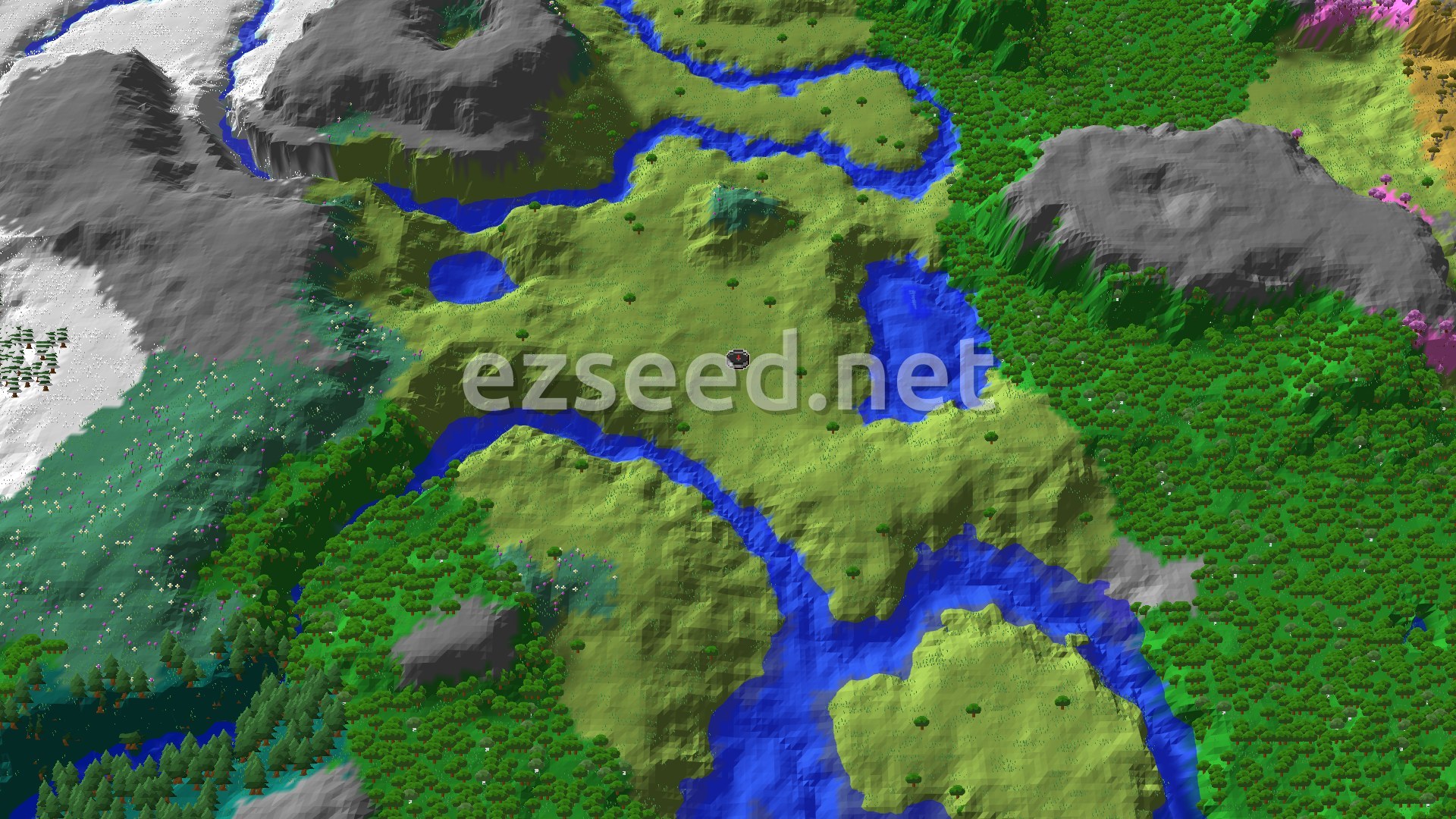 A bird's eye view of a varied landscape, showing a large central plains area with a distinct river system, flanked by a snowy mountain range to the north and forests and hills to the south and east. A small spawn marker is visible in the center.