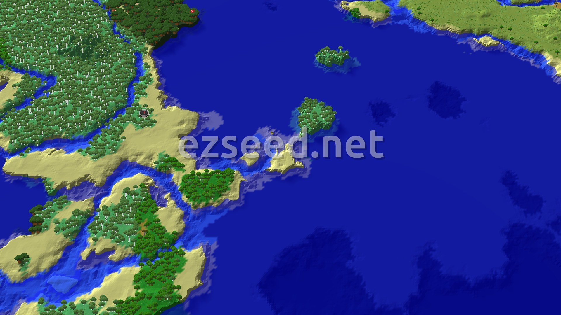 Aerial Minecraft seed map — Spawn Near a Small Ocean, With Trail Ruins Nearby