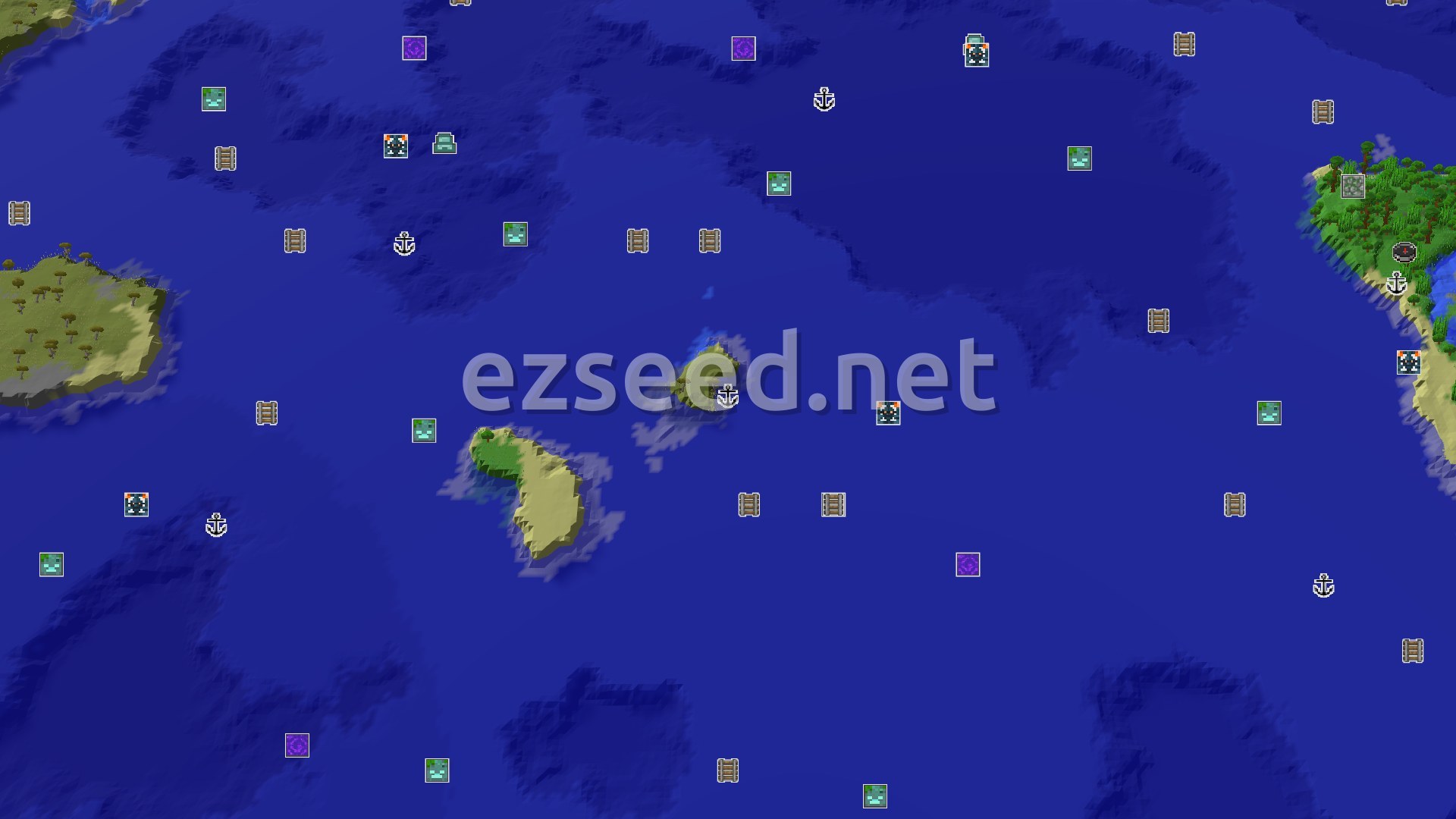 A 3D fly-over of a tropical island, covered in dense green jungle trees, surrounded by clear blue ocean with sandy beaches. A small spawn marker is visible at the center of the main island, which also shows some varied elevation.
