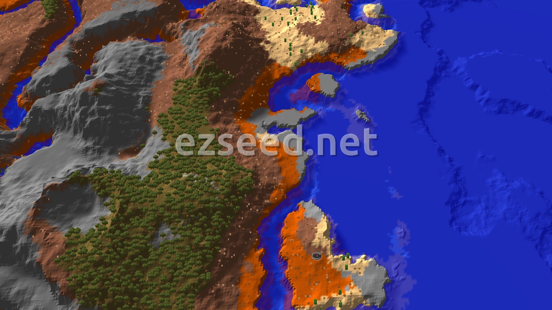 An aerial view of the spawn area, showing a mix of red, orange, and gray Badlands terrain, with patches of green trees and a large blue ocean bordering the land.