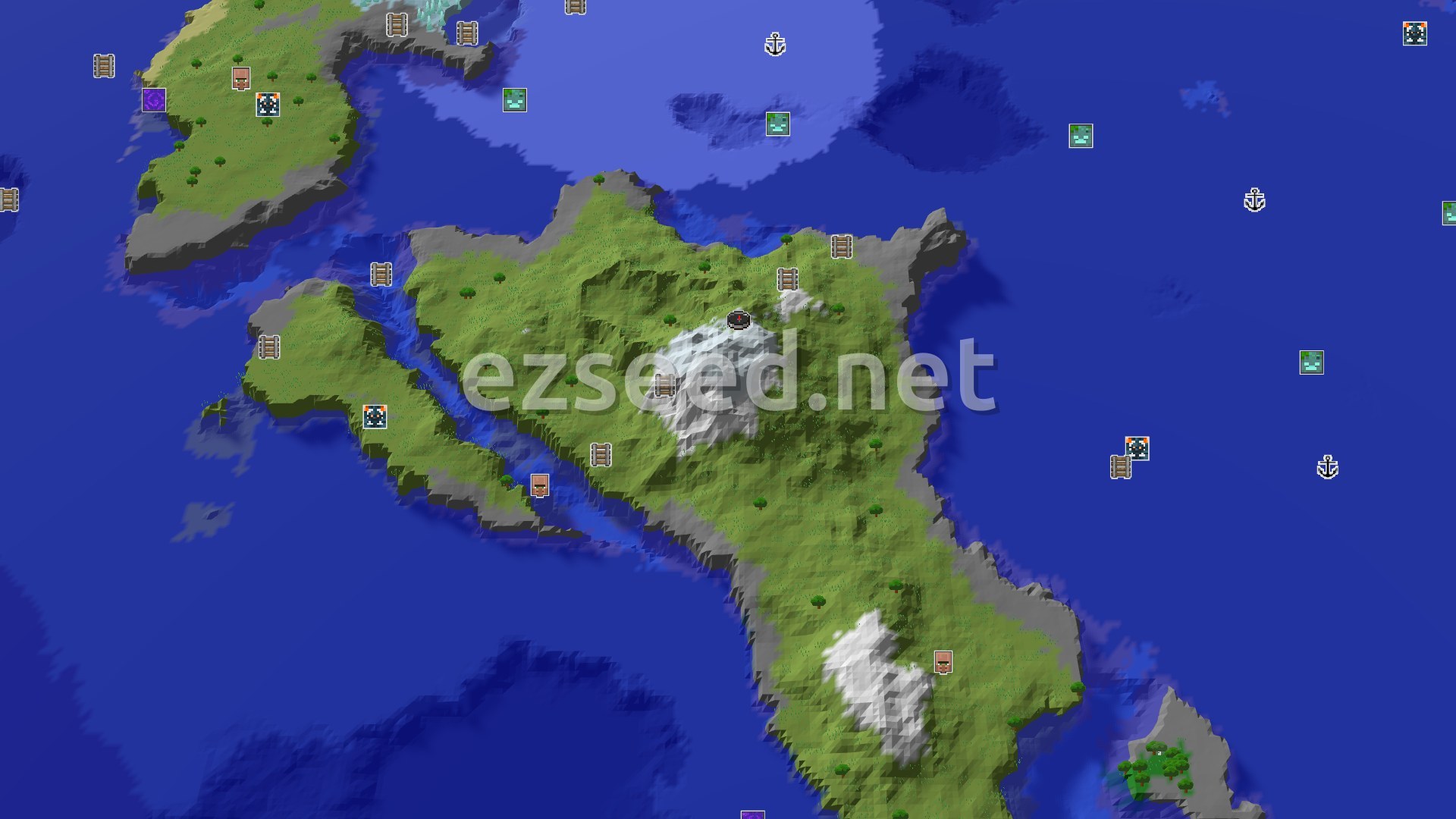 Aerial Minecraft seed map — Frozen Peaks Spawn with Nearby Trial Chambers