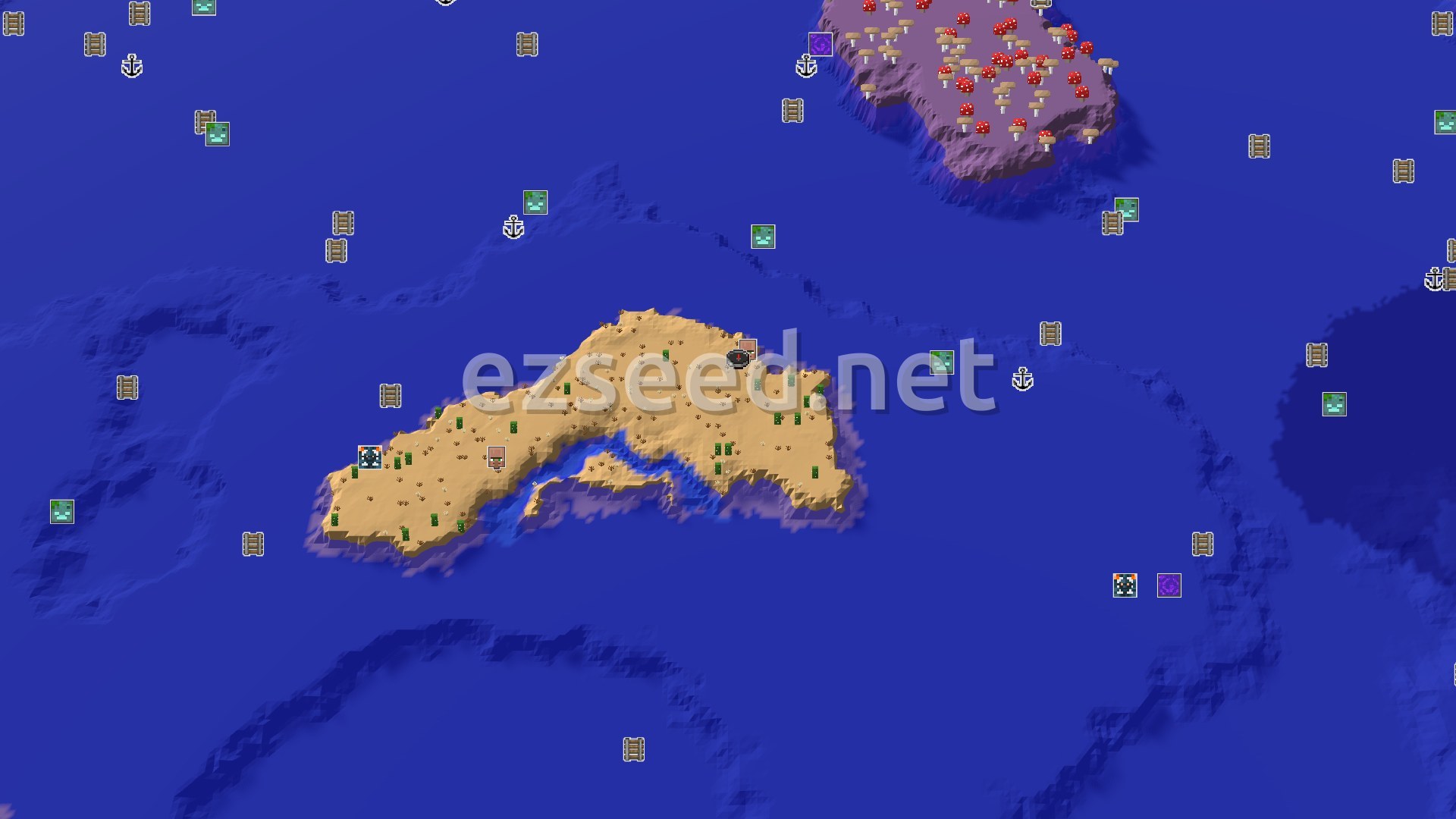 An overhead view of a large desert island surrounded by a vast warm ocean, with a smaller mushroom fields island to the north.