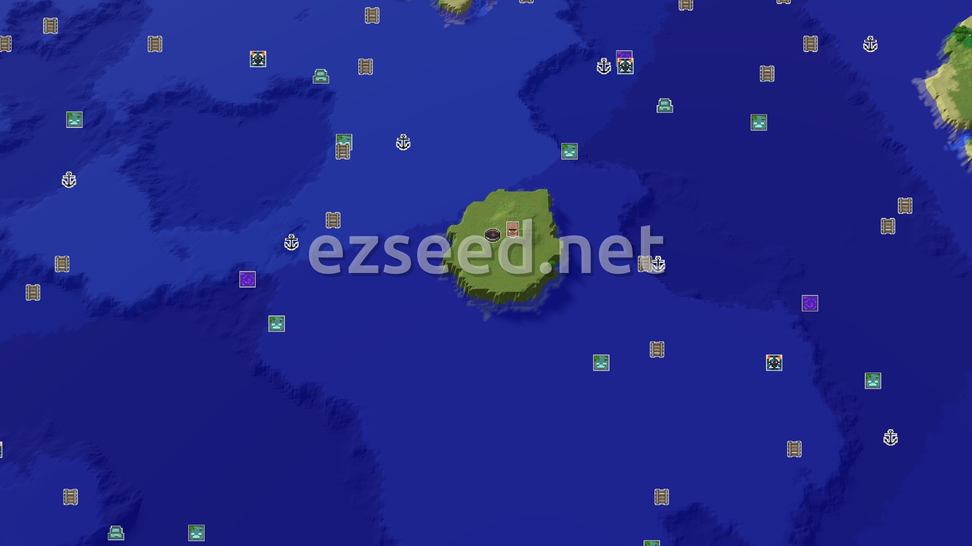 Aerial Minecraft seed map — Island Spawn with a Close Village and Undersea Exploration