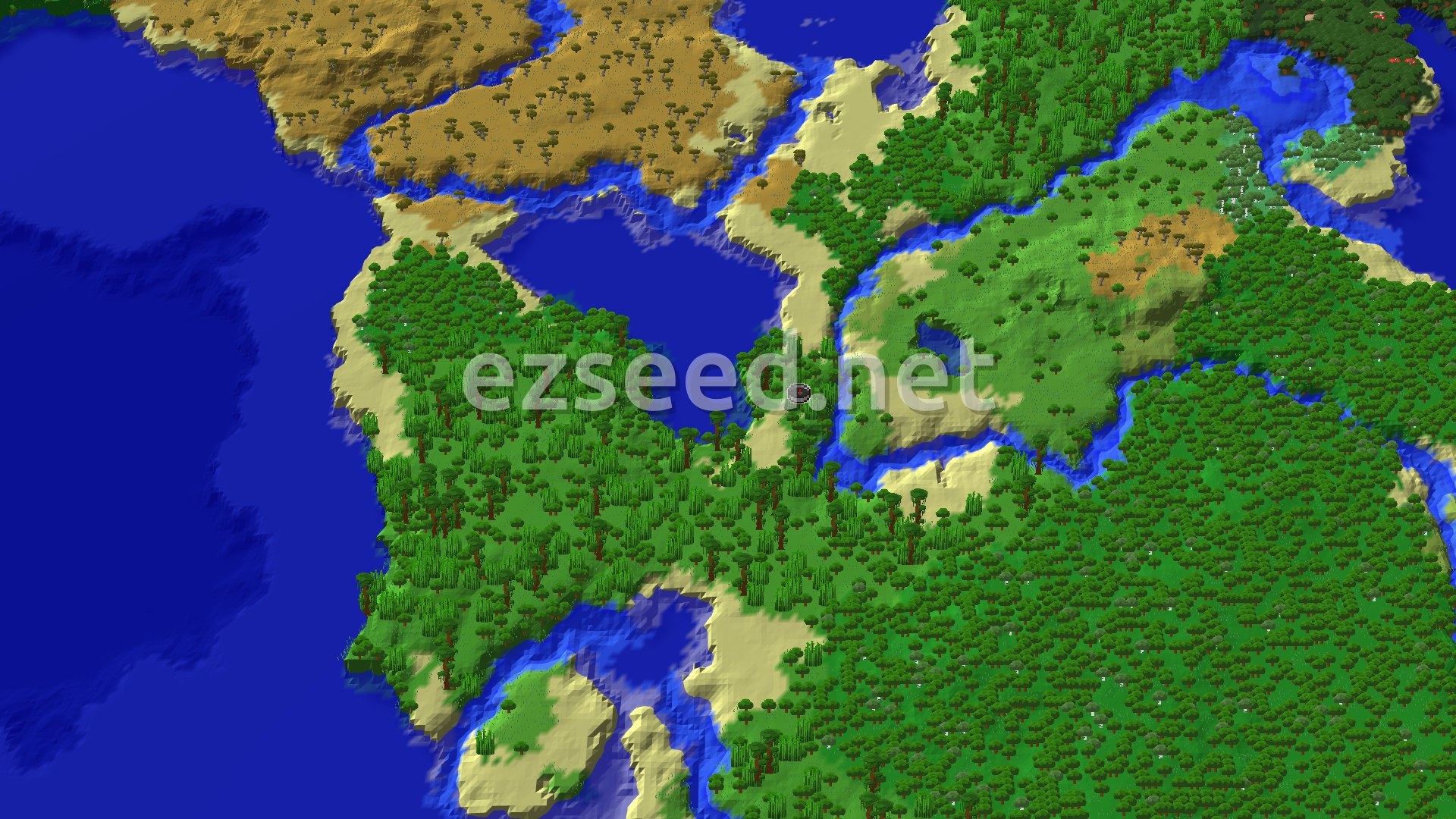 A bird's-eye view of a vast, dense green jungle biome, bordered by a winding river and ocean, with patches of savannah and forest in the distance. The terrain is mostly flat to gently rolling.