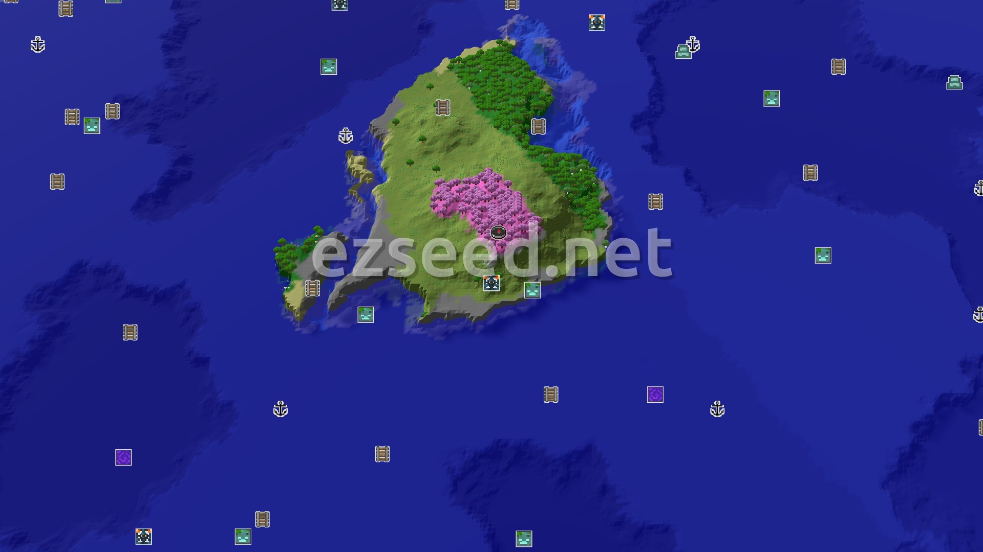 Aerial Minecraft seed map — Cherry Grove Island with Nearby Trial Chambers