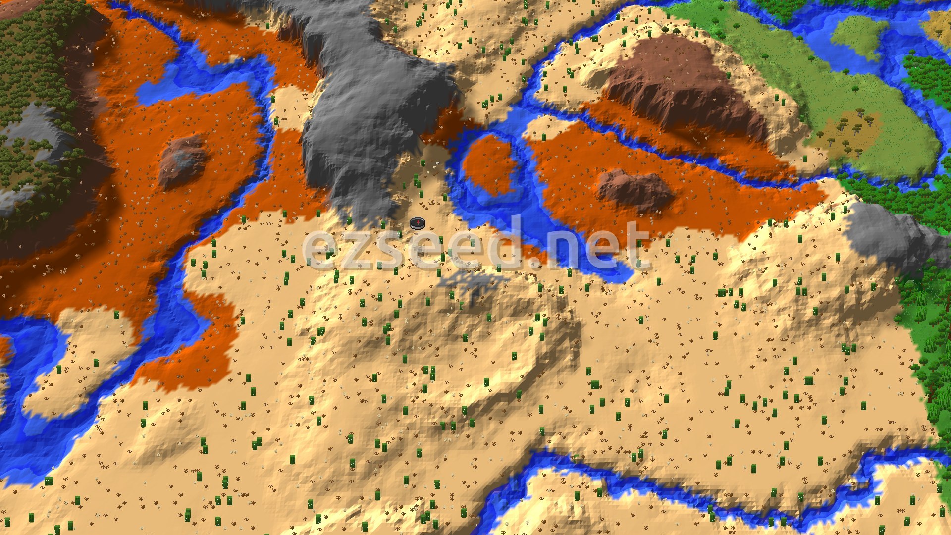 A bird's-eye view of a desert landscape dotted with cacti, a winding blue river, and patches of orange badlands and grey mountains.
