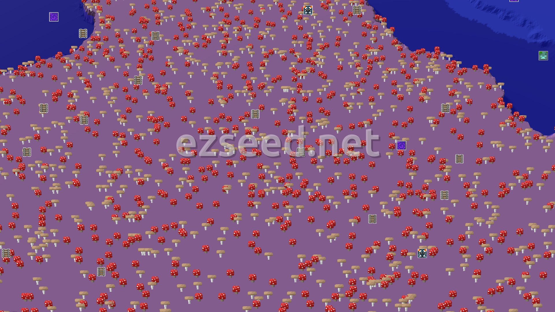 Aerial Minecraft seed map — Spawn Near a Small Mountain Range and Mushroom Fields