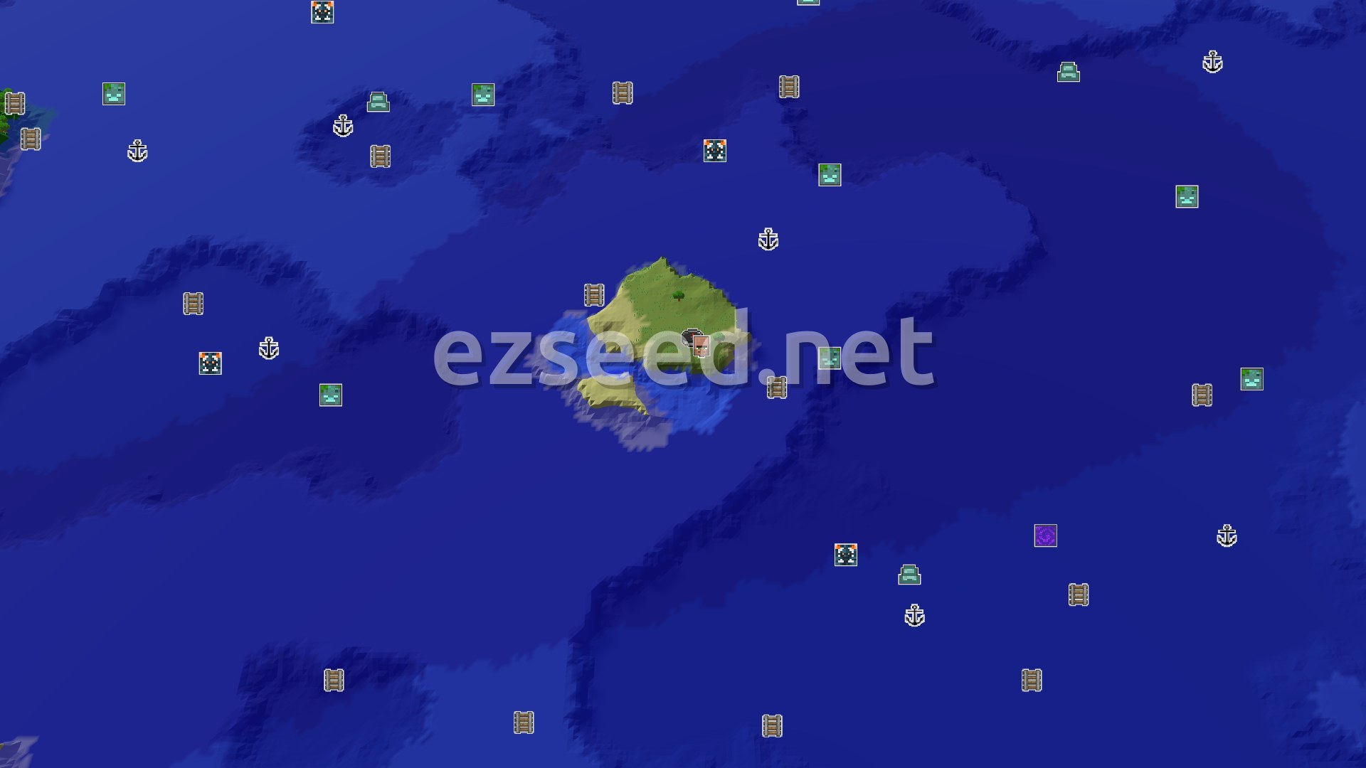 Aerial Minecraft seed map — Island Start, Ocean Exploration, and Close Village
