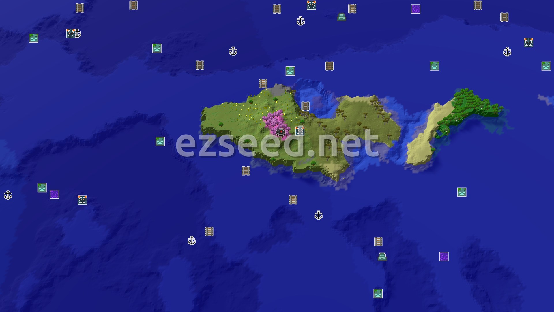 Aerial Minecraft seed map — A Cherry Grove Island with Nearby Trial Chambers