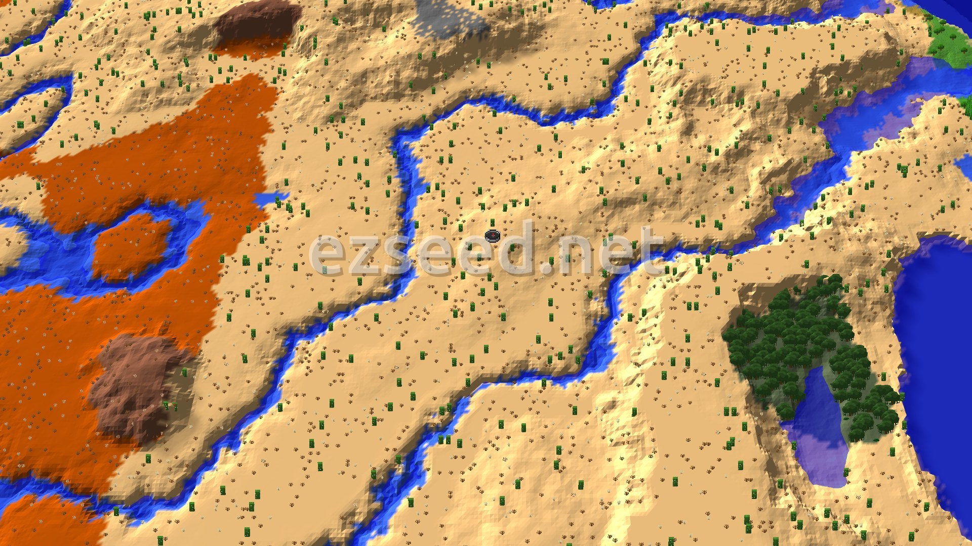 Aerial Minecraft seed map — Desert Spawn with Nearby Pyramid and Badlands