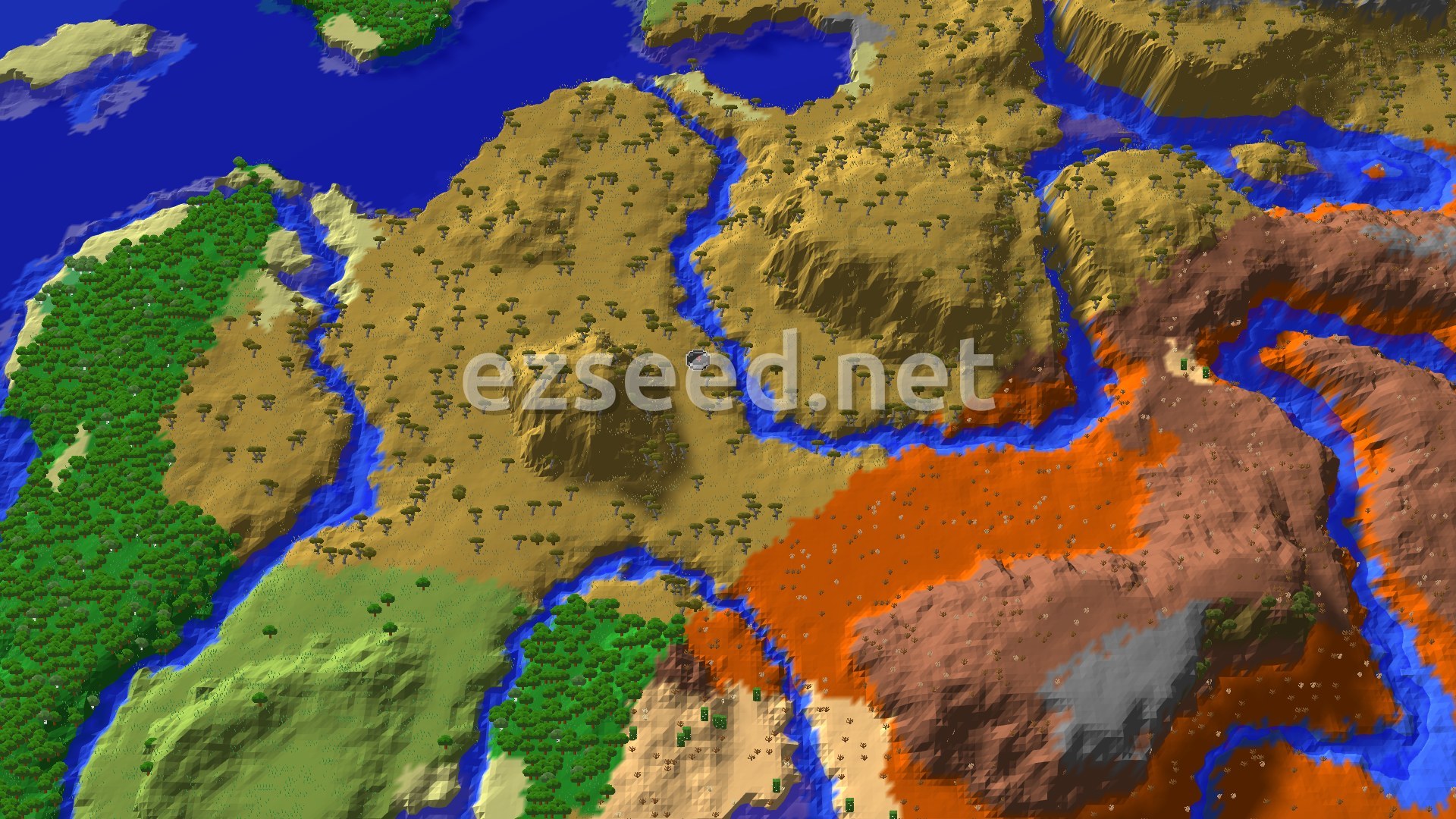 Aerial Minecraft seed map — Savanna Spawn With Nearby Eroded Badlands
