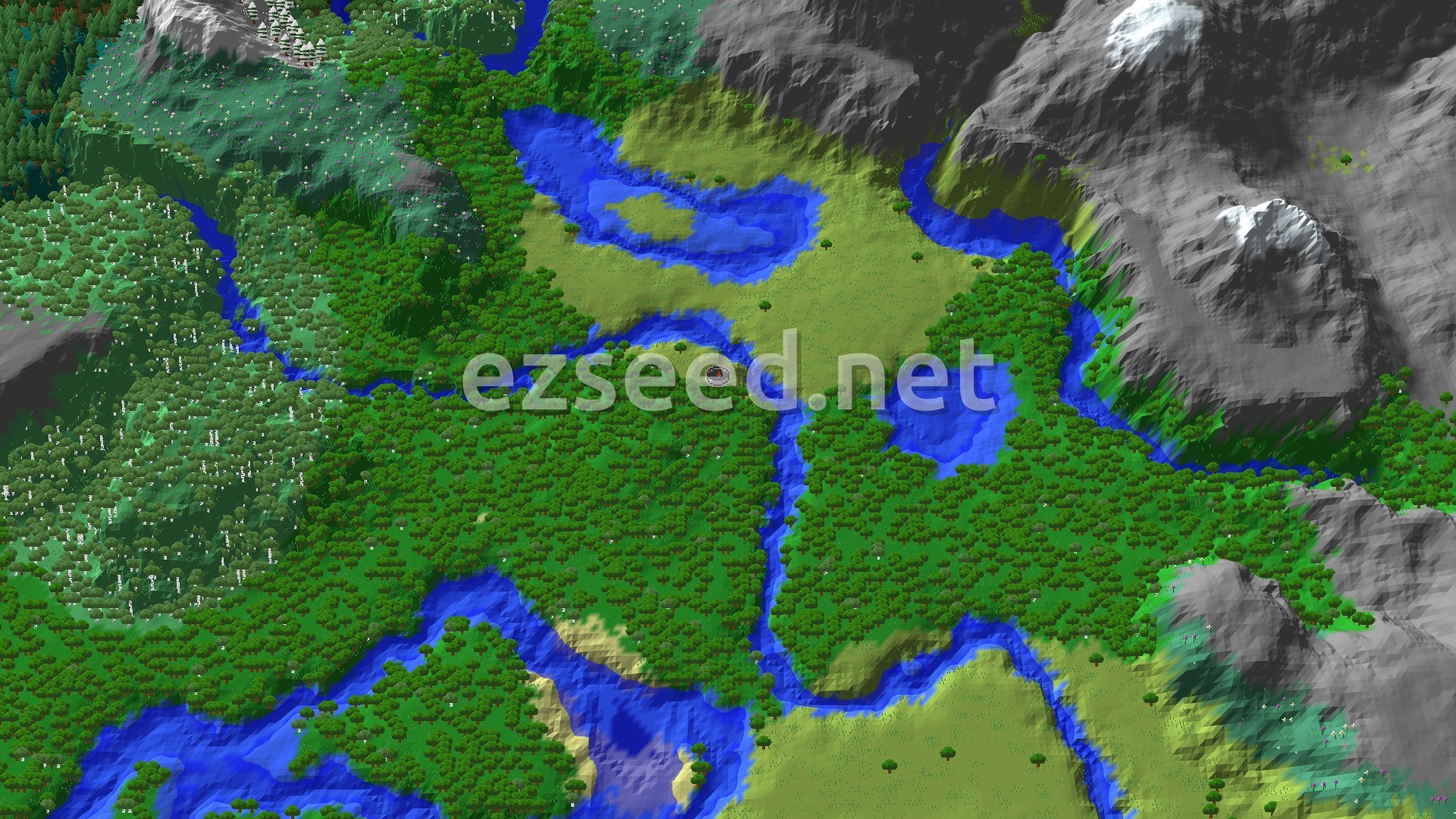 An aerial view of a verdant landscape with dense forests, winding rivers, and a large plains area, flanked by tall, snow-capped mountains.