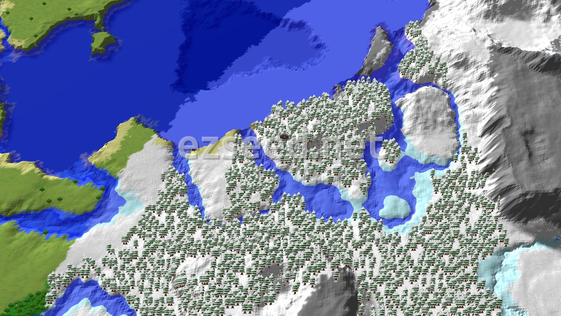 Aerial Minecraft seed map — Frozen Start, Mountains Nearby: A Taiga Survival Seed