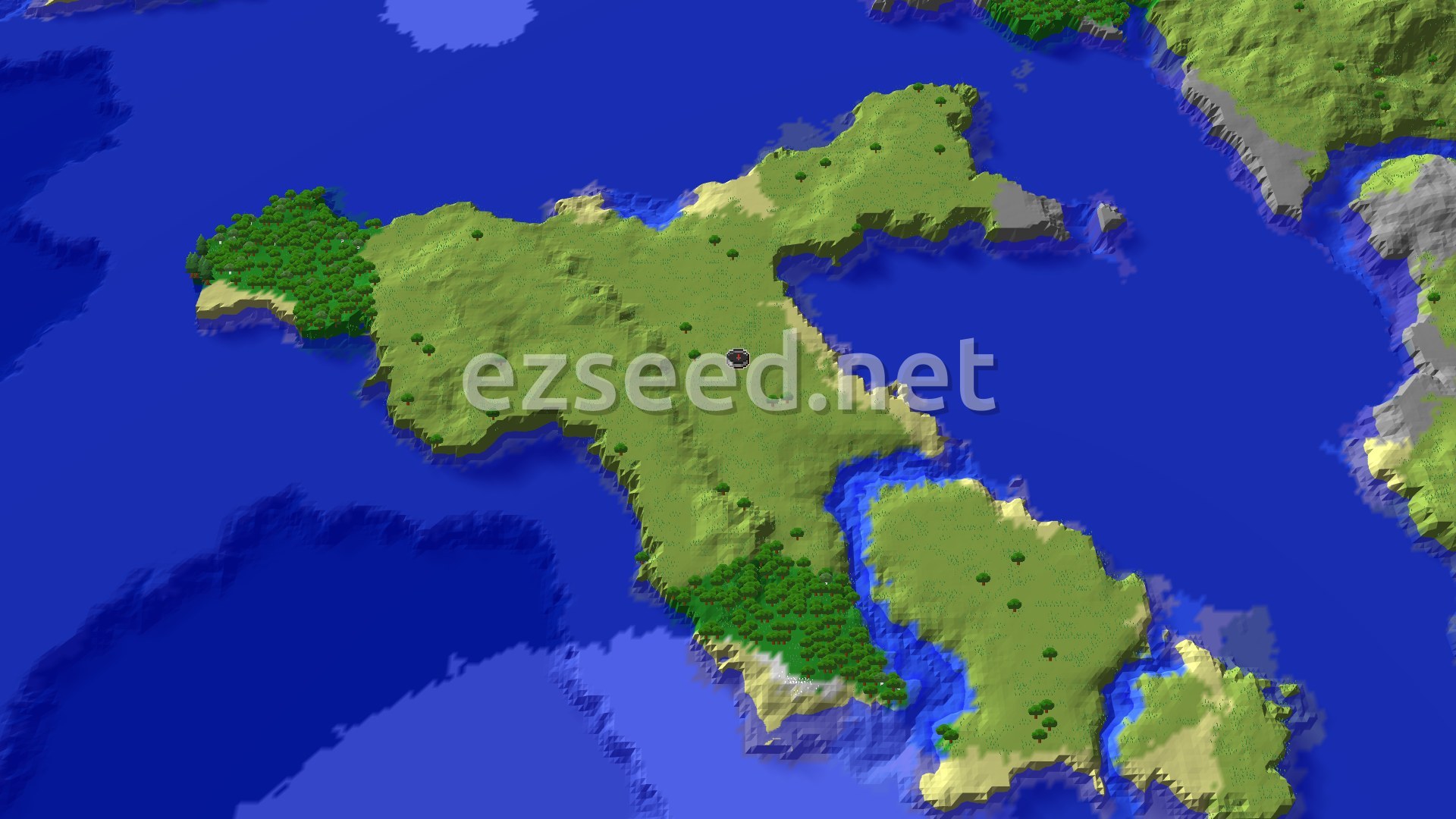 Aerial Minecraft seed map — Spawn on a Peninsula, Near Shipwreck and Trial Chambers