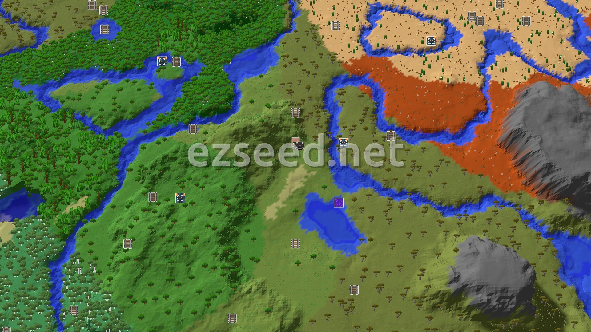 Aerial Minecraft seed map — Spawn in a Village, with Badlands and Deserts Nearby