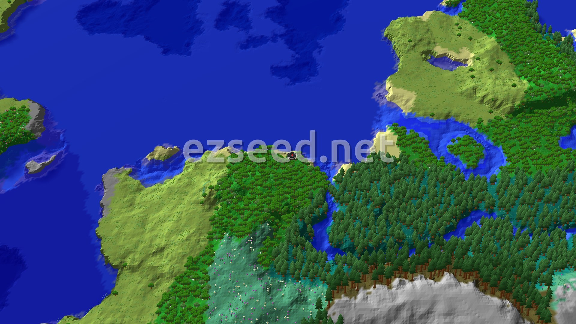Aerial Minecraft seed map — A Coastal Start with a Nearby Trail Ruins Adventure