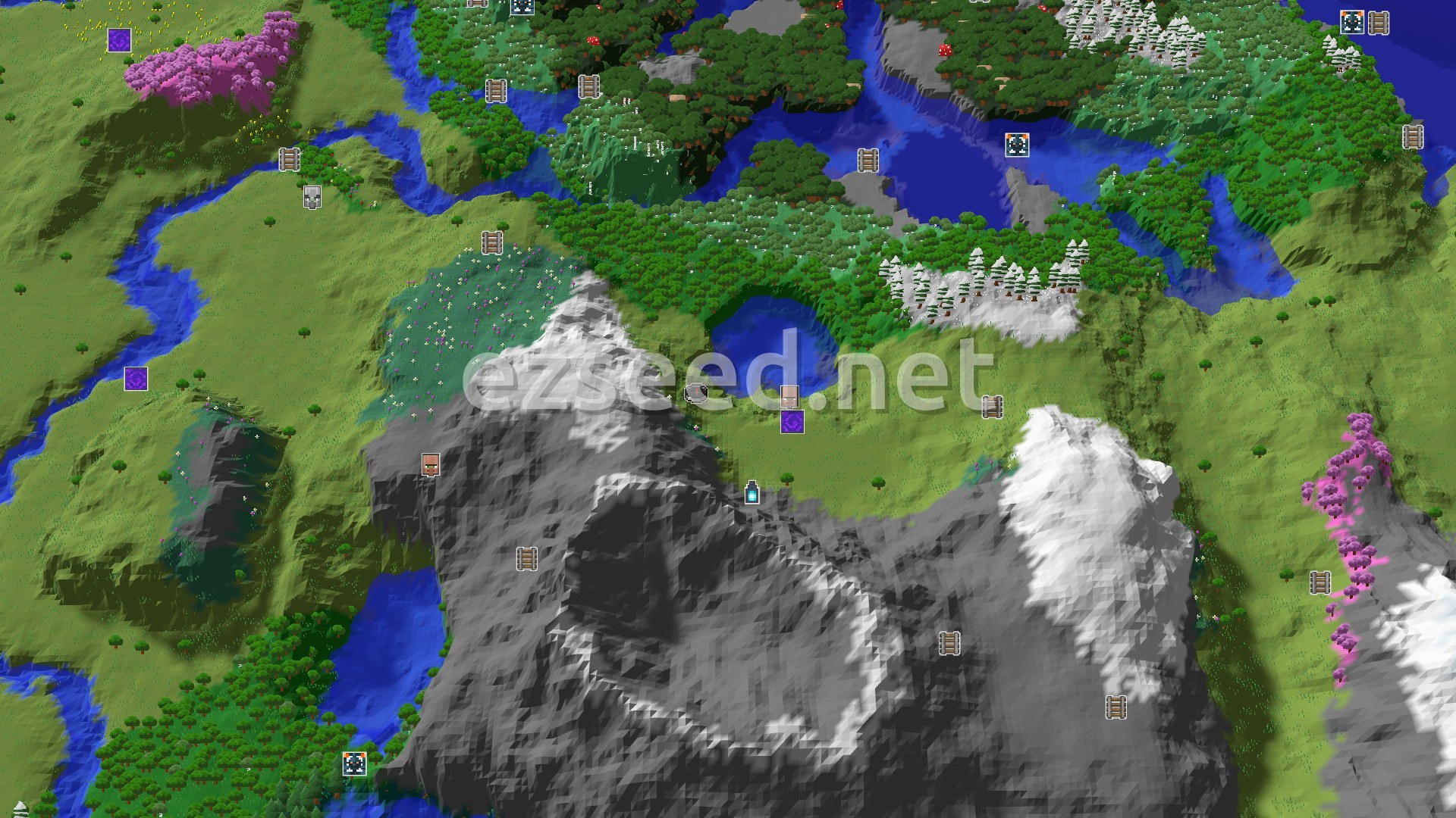 Aerial Minecraft seed map — Spawn Near Majestic Peaks and an Ancient City