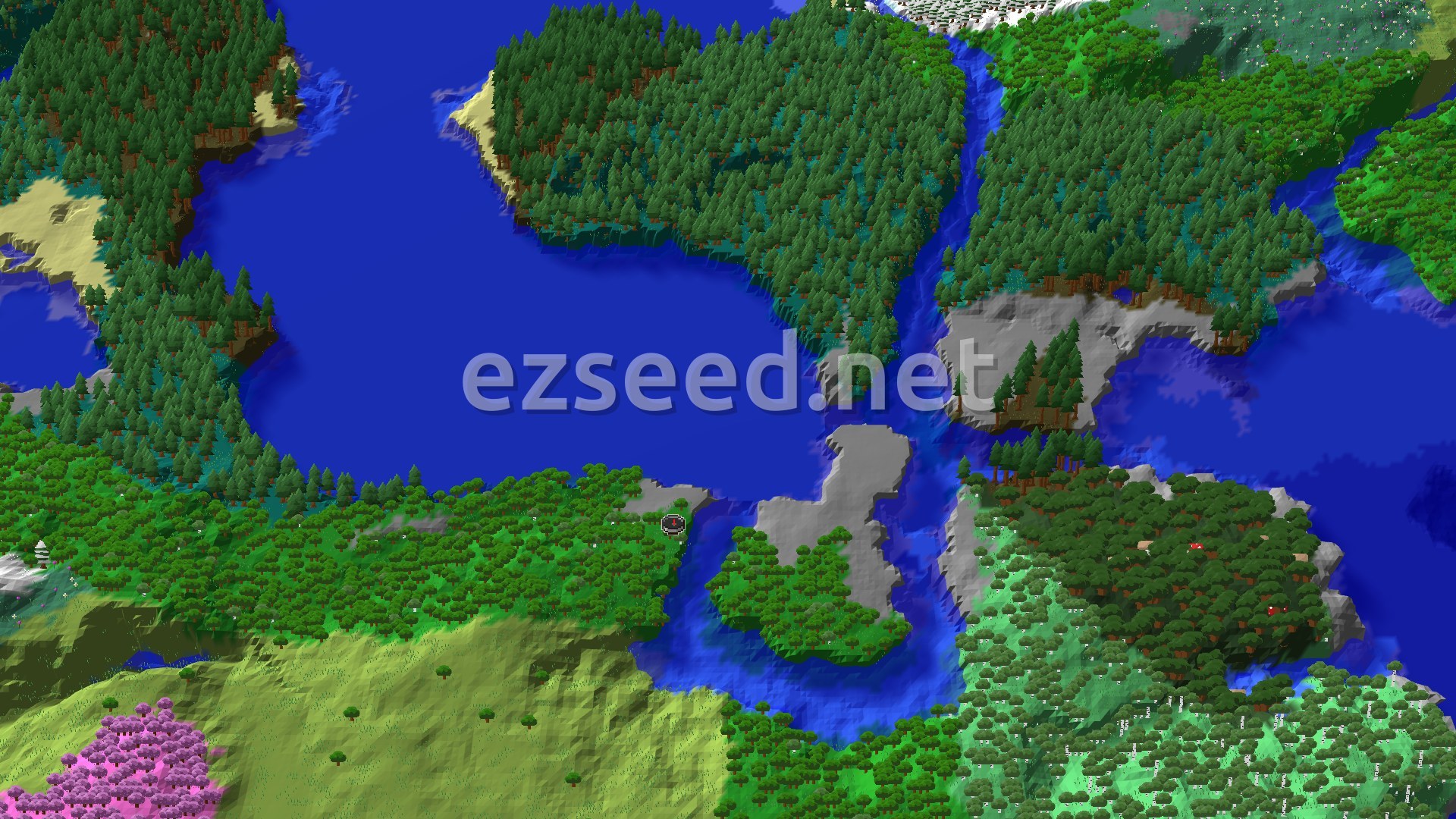 An overhead 3D view of a Minecraft world, showing a large central body of water surrounded by dense forests, plains, and some snowy peaks in the distance. A small spawn marker is visible near a forest.