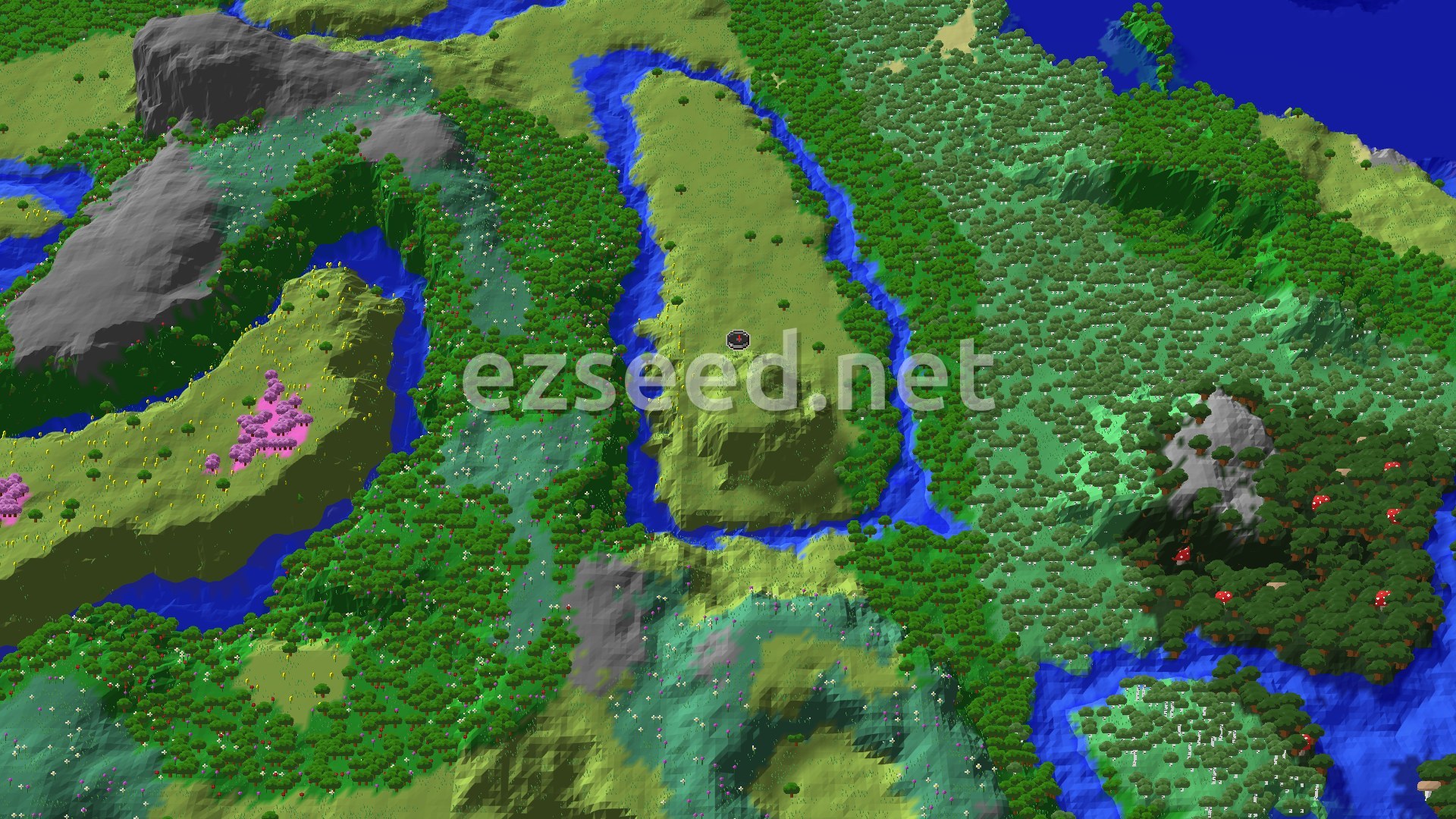 Aerial Minecraft seed map — Trial Chambers Near Spawn, Plus Varied Biomes