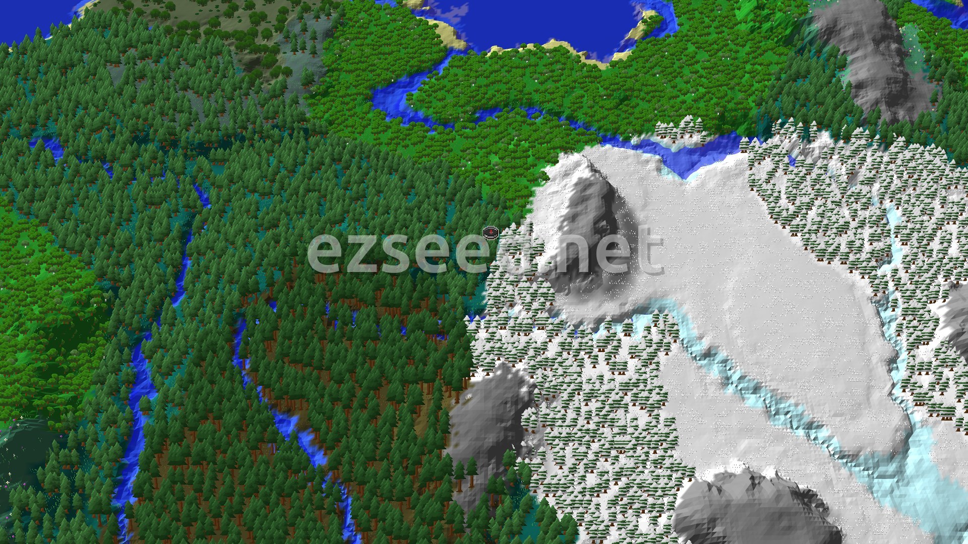 Aerial Minecraft seed map — A Taiga Start with Nearby Cold Peaks and an Igloo