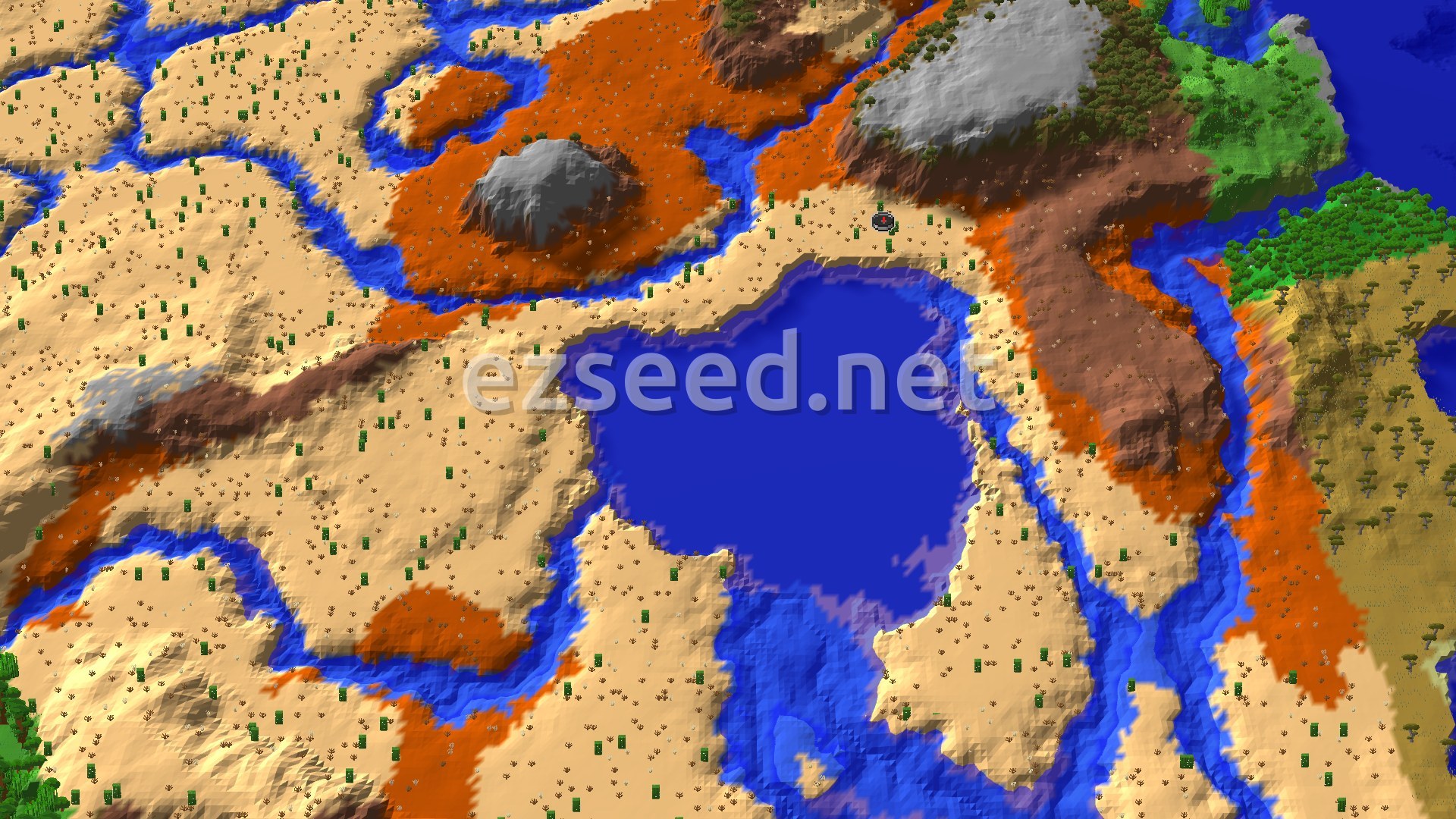 An aerial view shows a desert landscape interspersed with rivers and a large blue lake. Patches of red and brown badlands rise from the terrain, with some scattered green foliage.