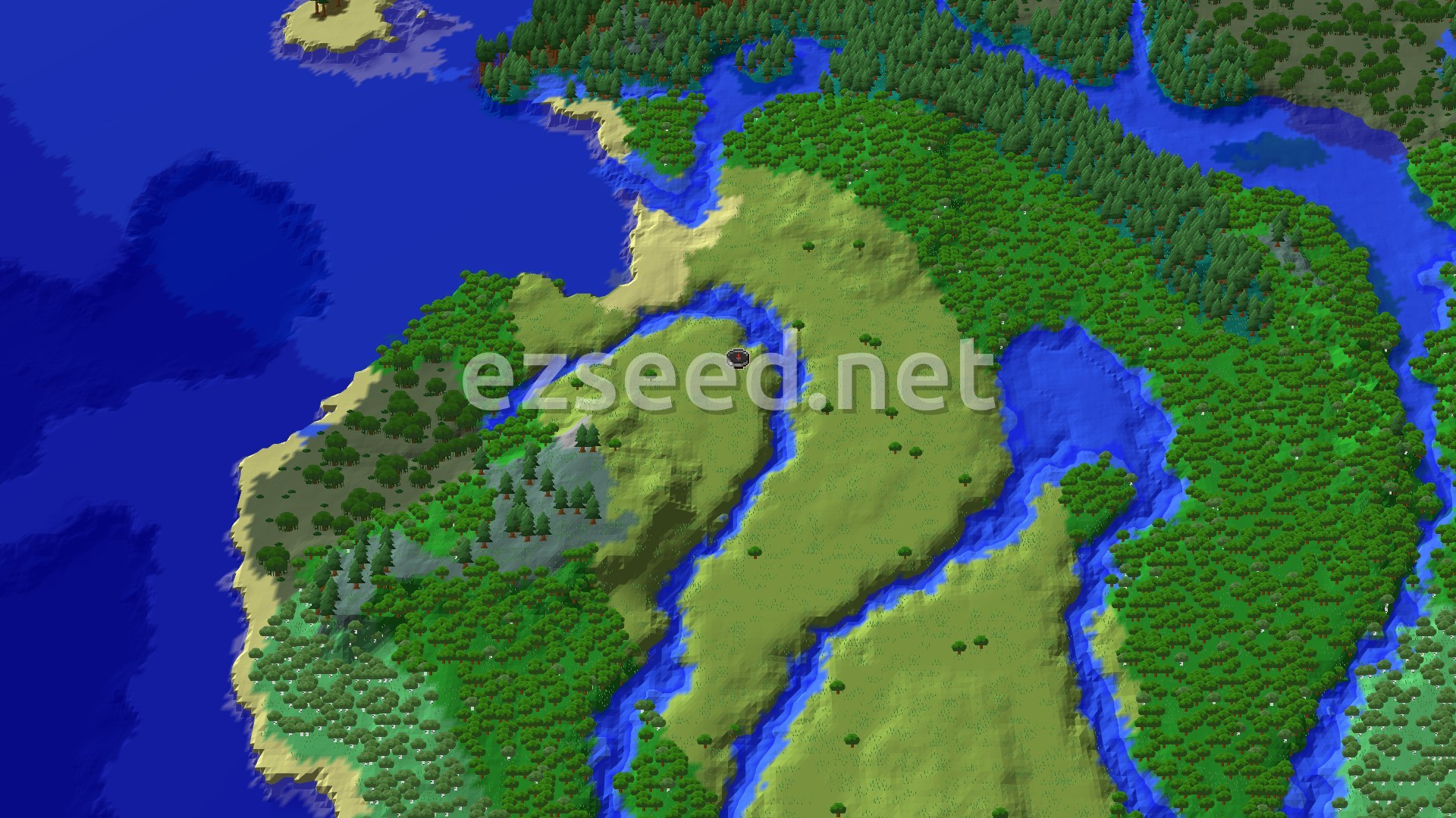 Aerial Minecraft seed map — Village at Spawn With a Distant Woodland Mansion