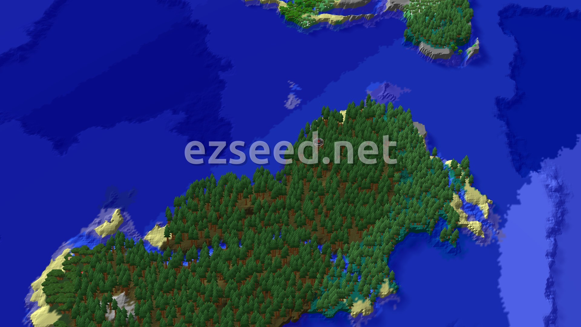 Aerial Minecraft seed map — Trial Chambers and Shipwreck Near a Taiga Coast
