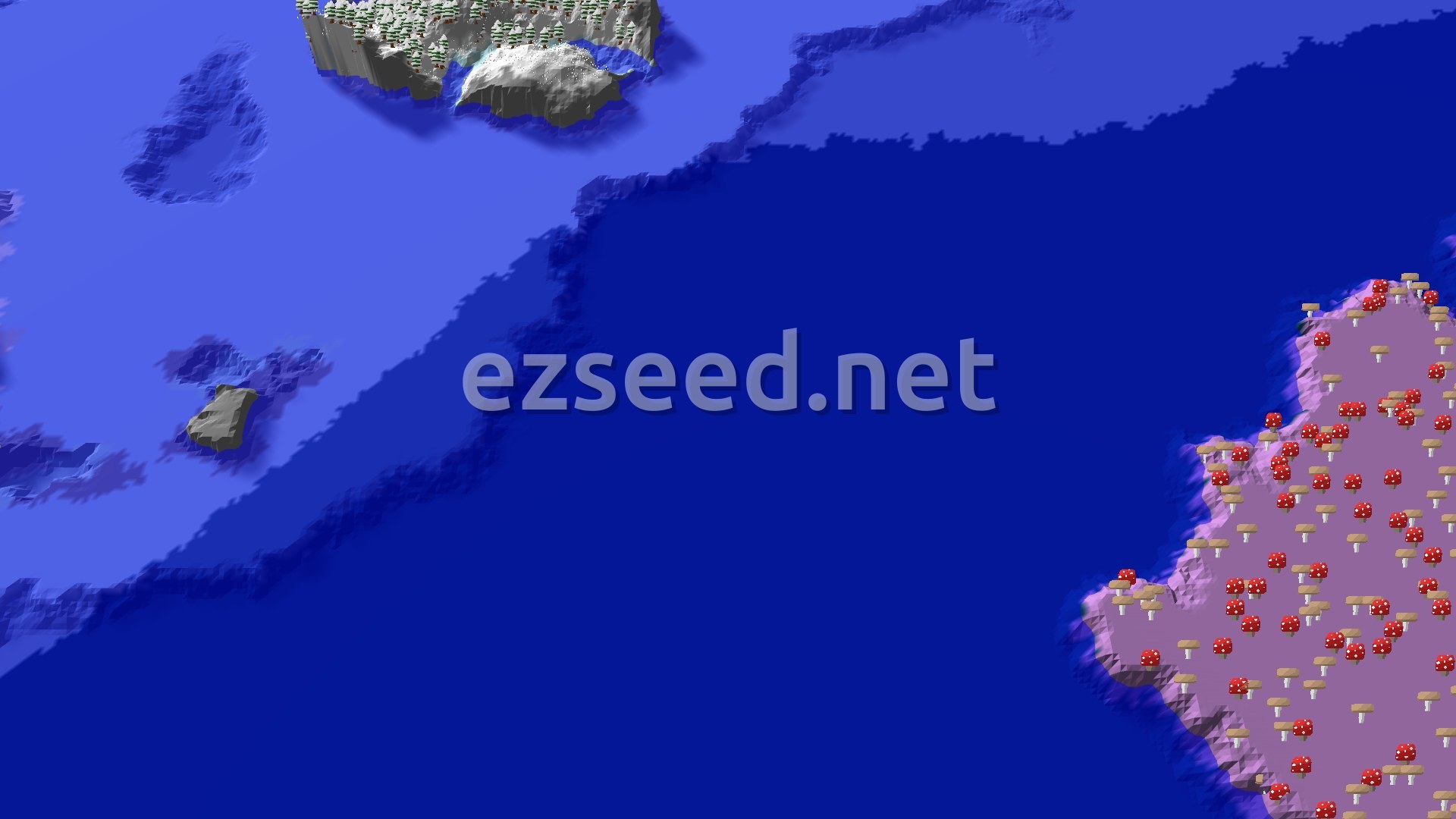 Aerial Minecraft seed map — Frozen Ocean Spawn with a Mushroom Fields Island Nearby