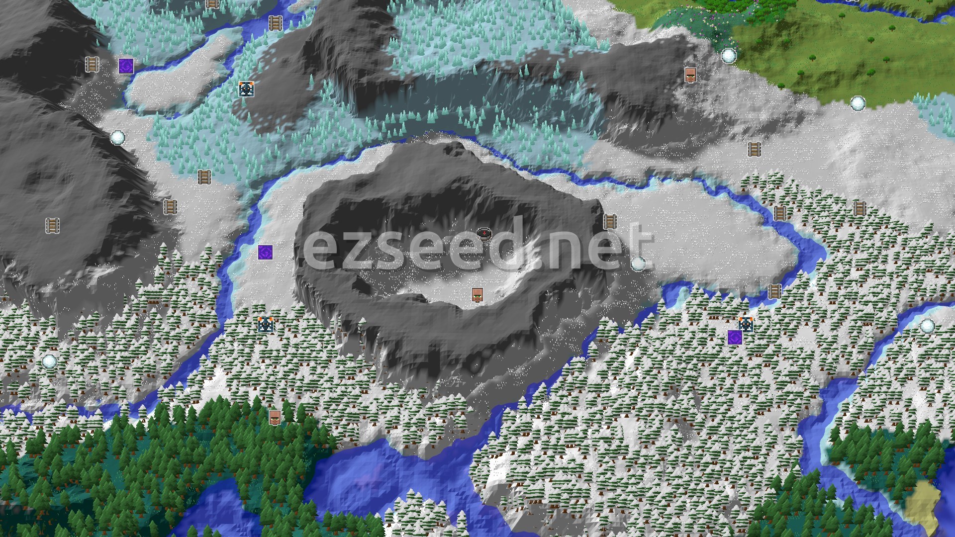 Aerial Minecraft seed map — A Cold Start With Close Village and Ice Spikes