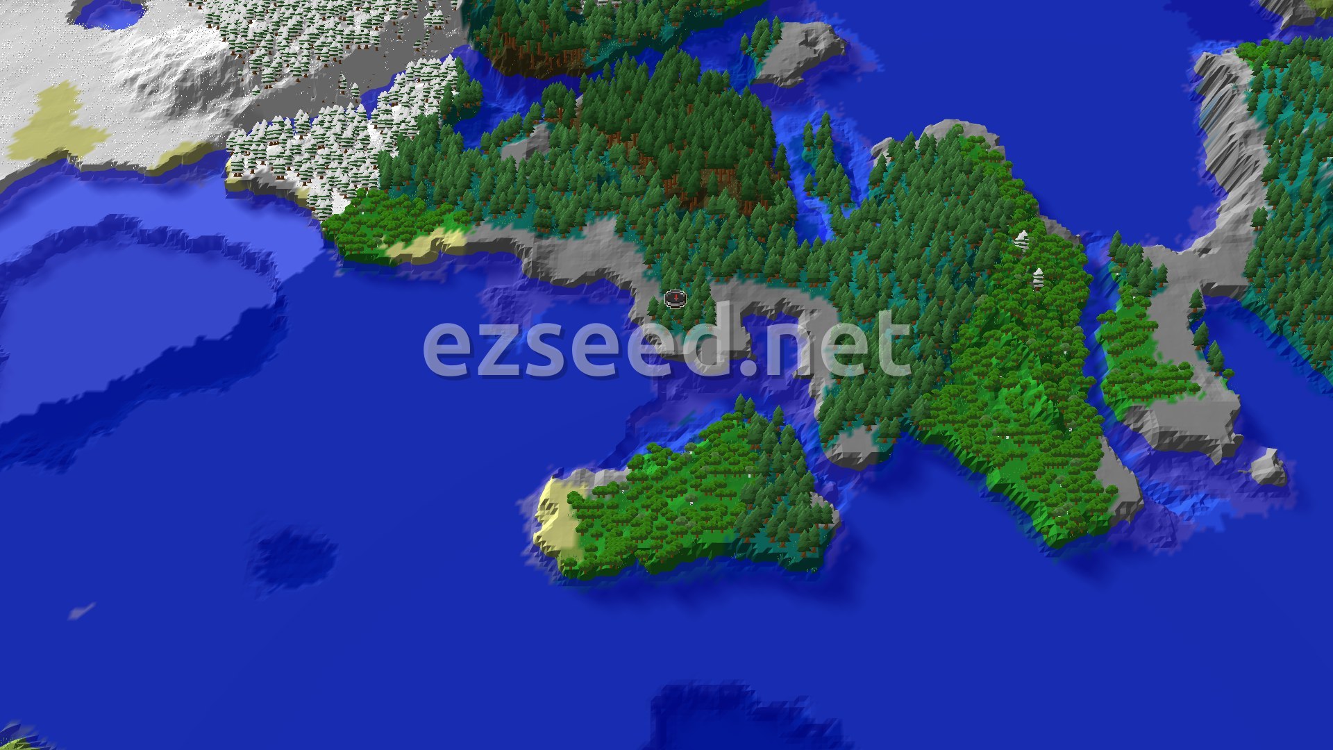 An aerial view of a seed showing a Taiga island surrounded by cold ocean, with snowy mountains and forests in the distance.