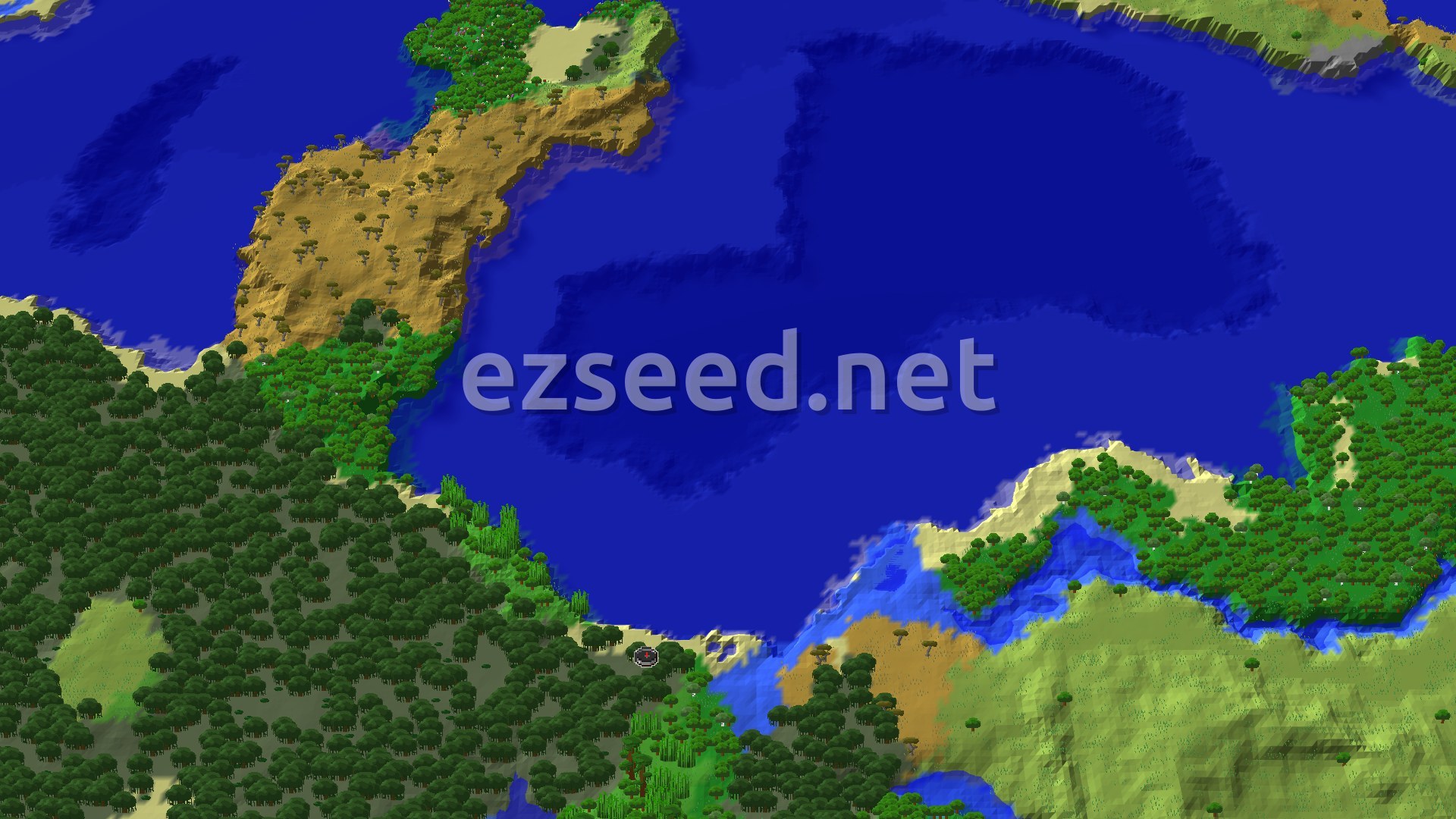 An overhead view of a diverse landscape featuring a large blue ocean, green forests, and a sandy savanna-like area. A small red spawn marker indicates the starting point on a green, forested landmass near the water.