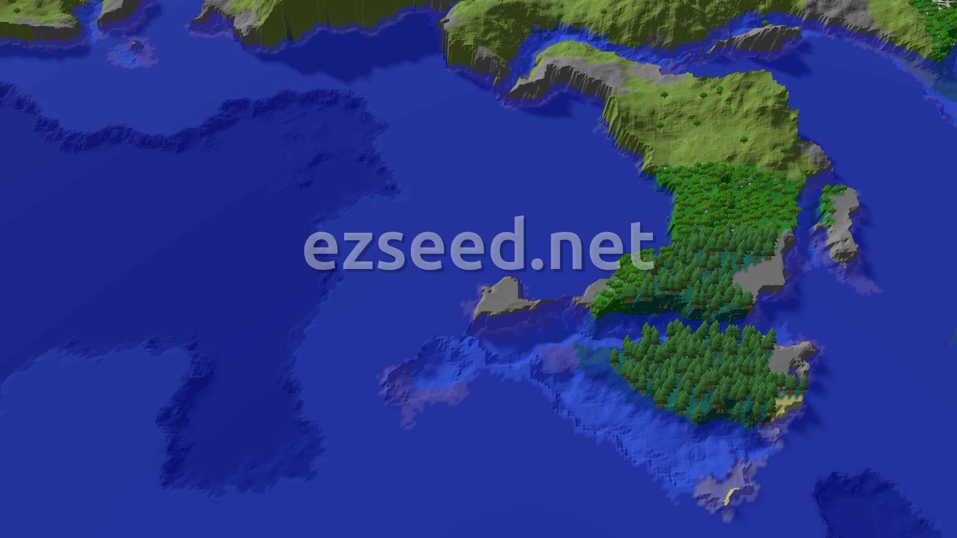 Aerial Minecraft seed map — Snowy Peaks and Coastal Exploration