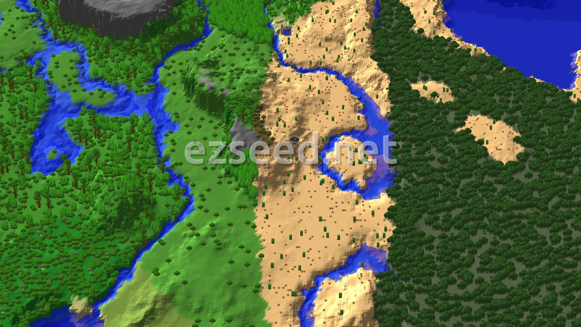 Aerial Minecraft seed map — Desert and Jungle Merge with Nearby Bamboo