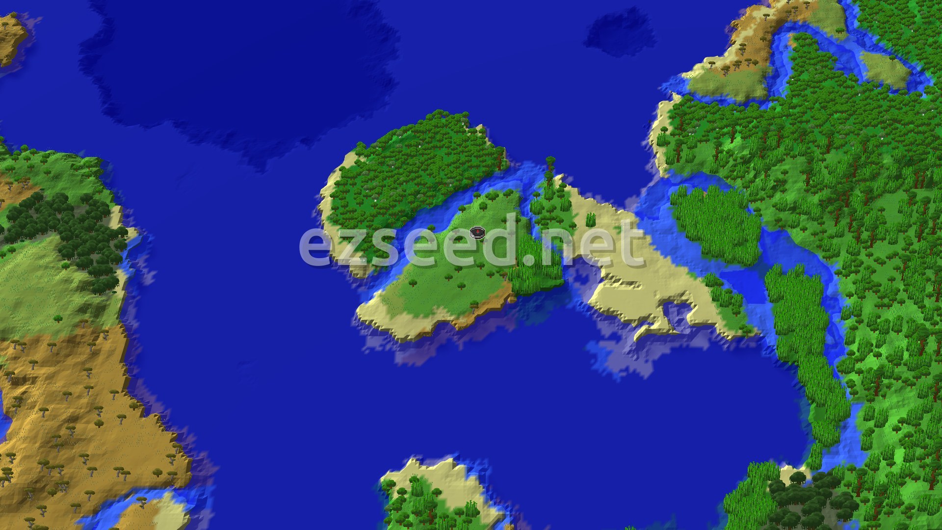 Aerial Minecraft seed map — Trial Chambers and Jungle Islands Near Spawn