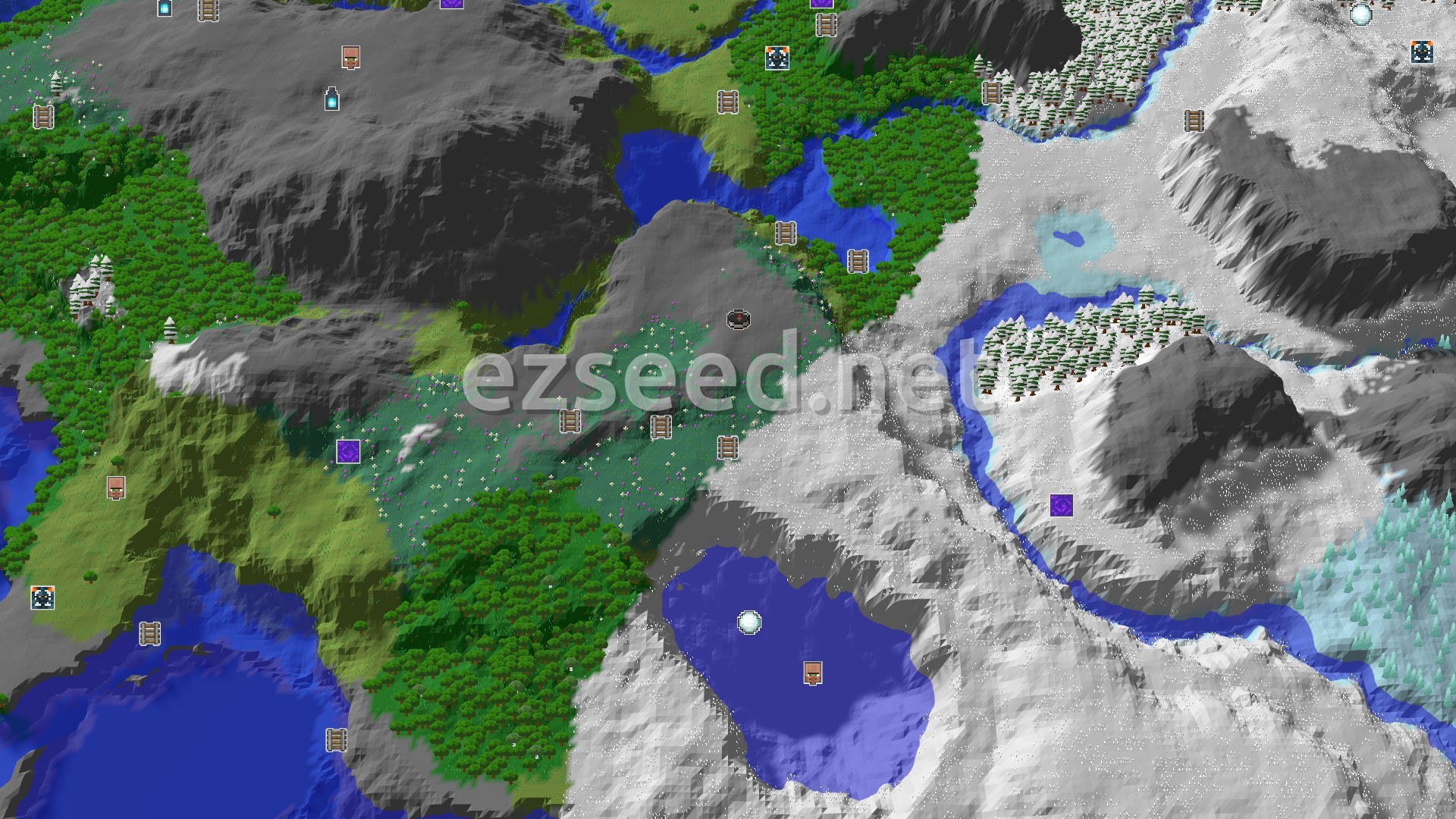 Aerial Minecraft seed map — A Snowy Start with Close Structures