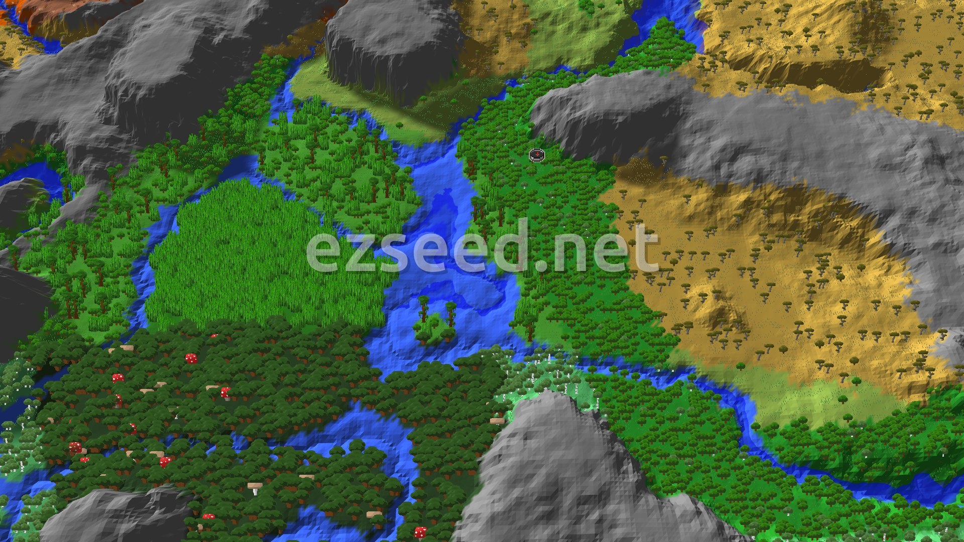 A 3D fly-over of a forest and river landscape, with a small spawn marker at the center, surrounded by hills and varied biomes like savannas and dark forests.