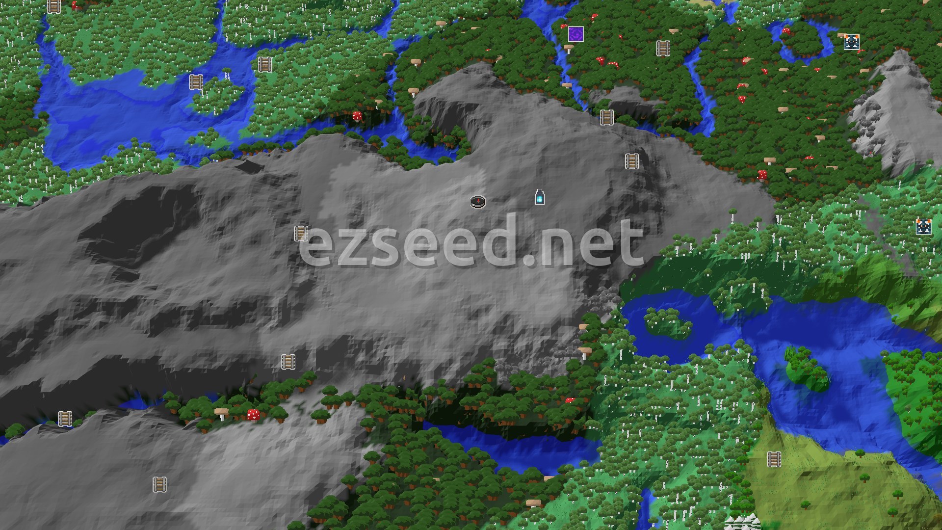 Aerial Minecraft seed map — Spawn in a Rare Pale Garden with a Close Ancient City