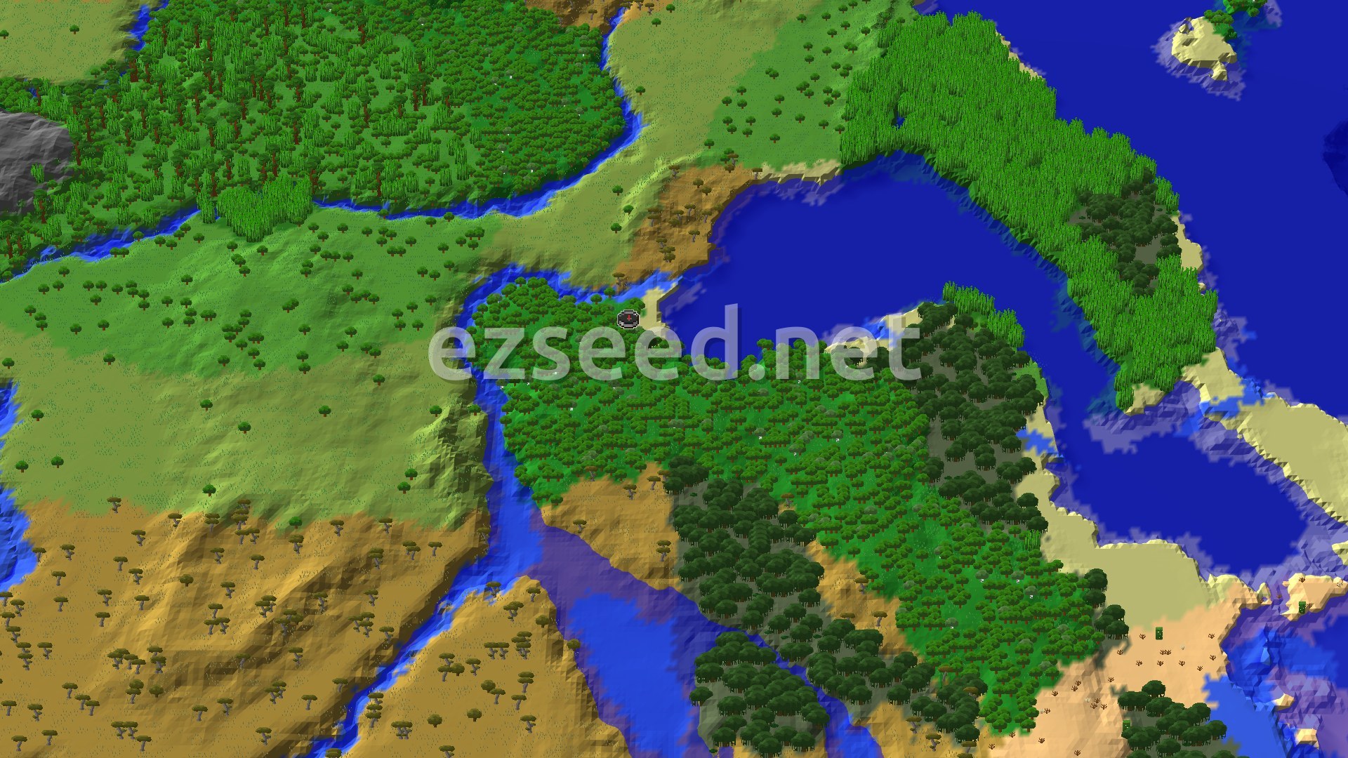 A bird's eye view of a varied landscape, showing a large forest area near a coastline, with rivers cutting through plains and savanna biomes. A small spawn marker is visible near the forest edge.